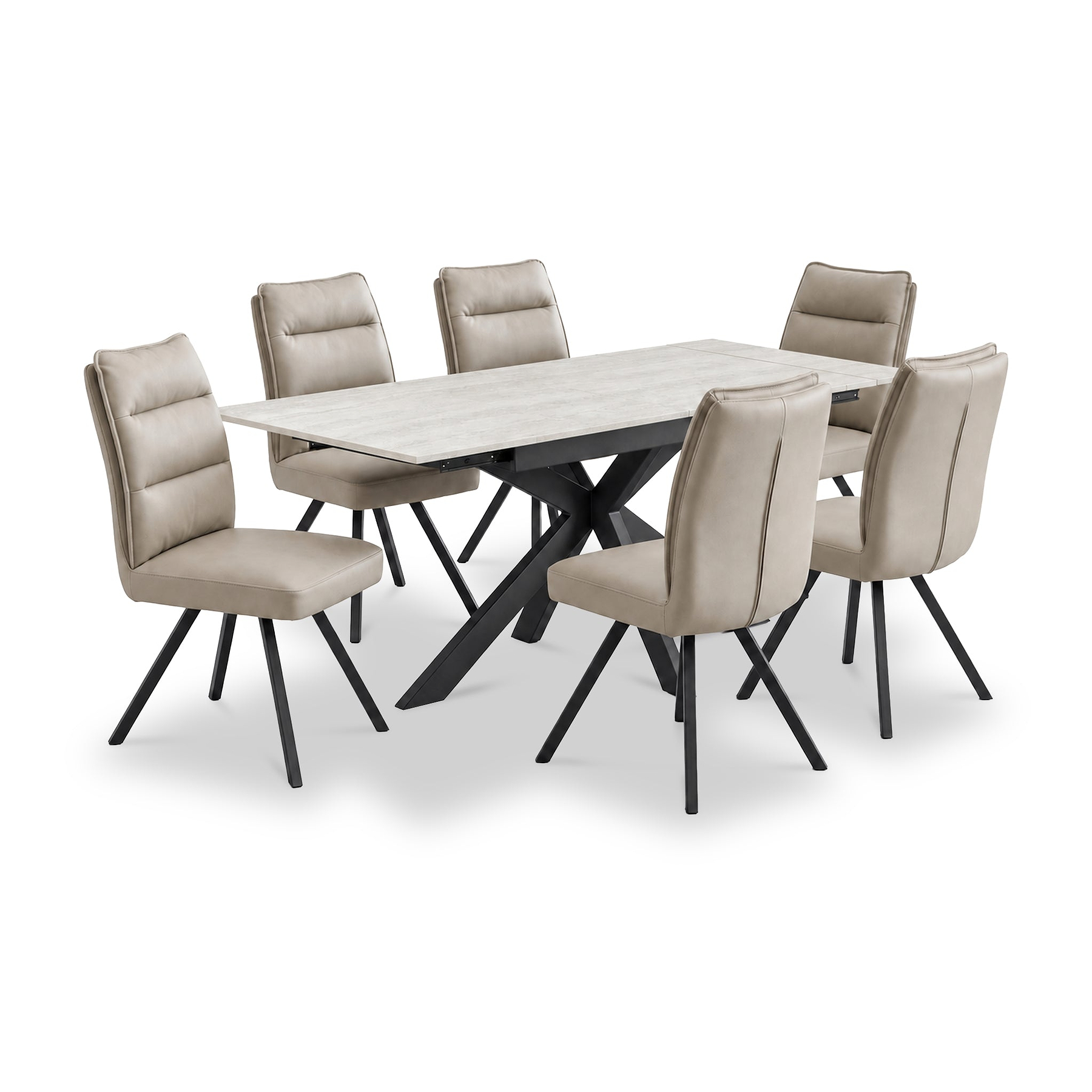 Vista 120cm 180cm Extending Ceramic Table with 6 Tate Dining Chairs Taupe from Roseland Furniture