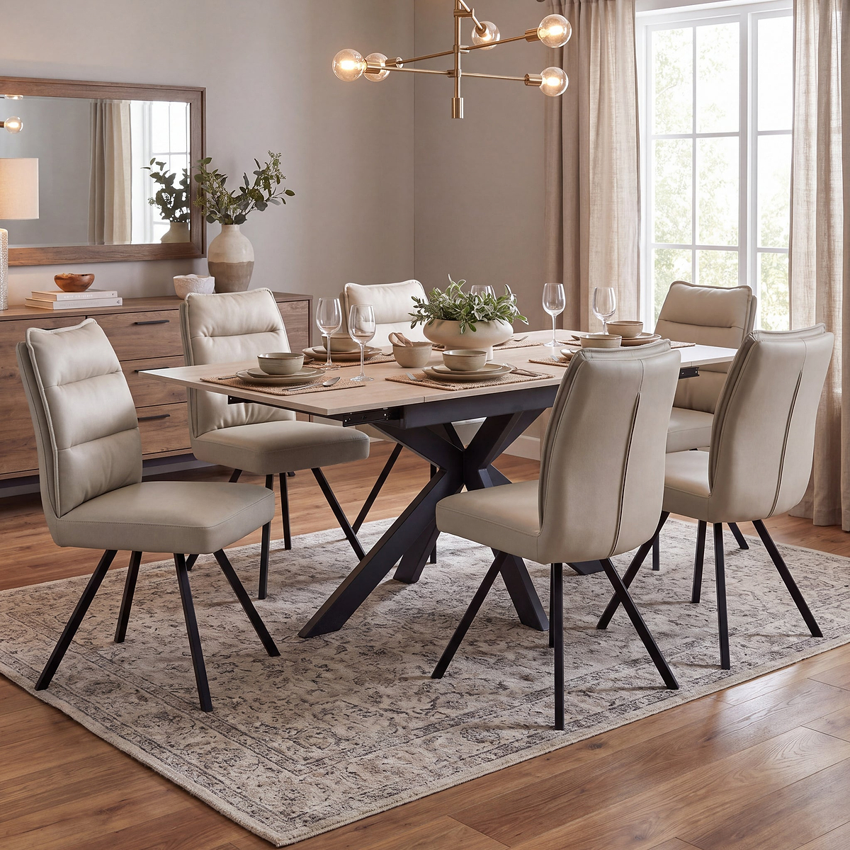 Vista 120cm 180cm Extending Ceramic Table with 6 Tate Dining Chairs Taupe from Roseland Furniture