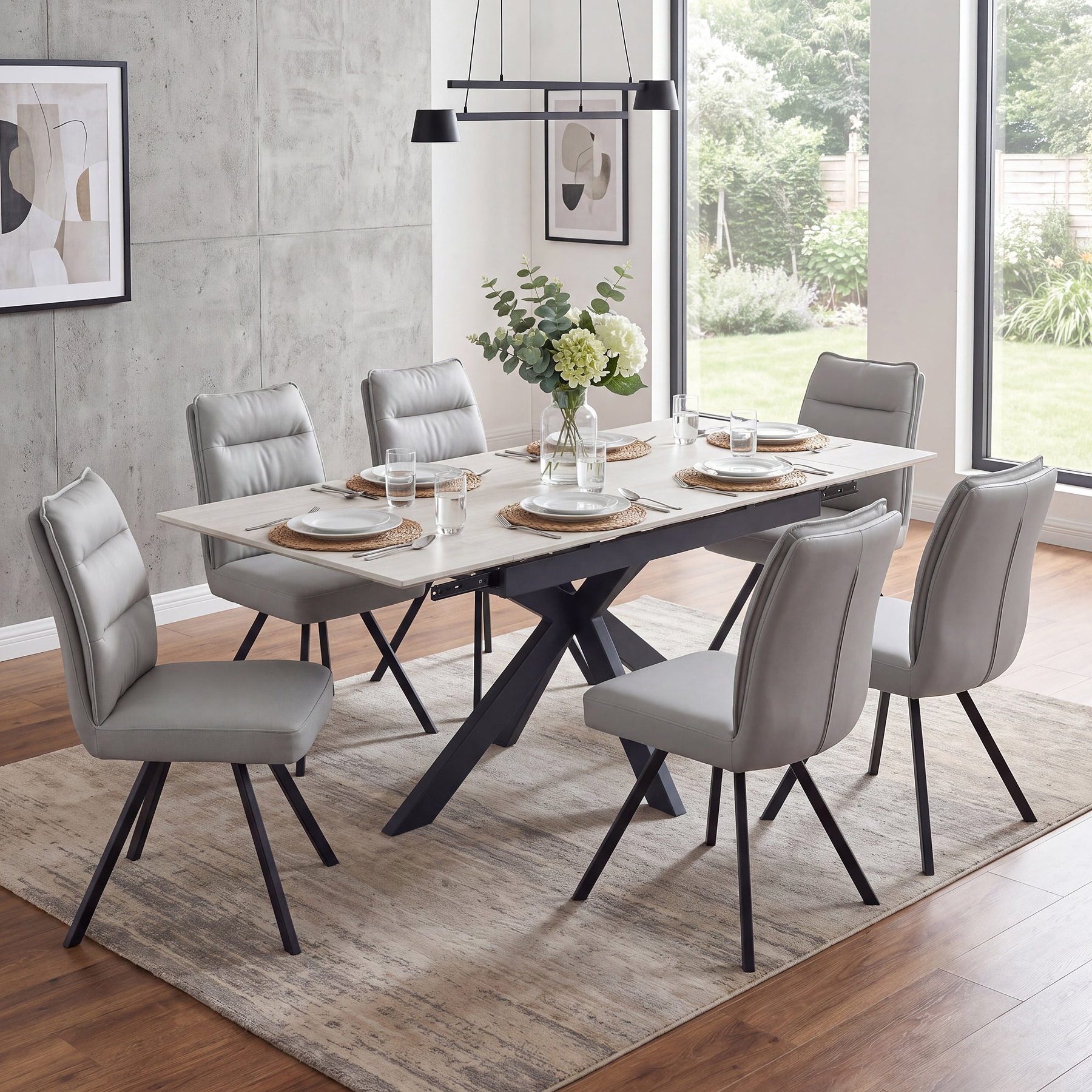 Vista 120cm 180cm Extending Ceramic Table with 6 Tate Dining Chairs Light Grey from Roseland Furniture