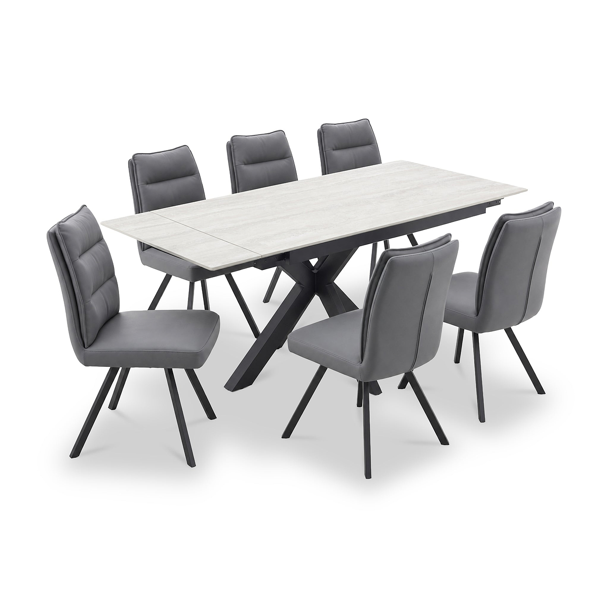 Vista 120cm 180cm Extending Ceramic Table with 6 Tate Dining Chairs Dark Grey from Roseland Furniture