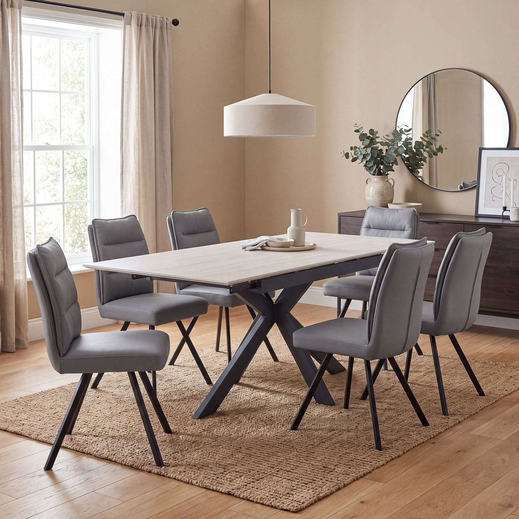 Vista 120cm 180cm Extending Ceramic Table with 6 Tate Dining Chairs Dark Grey from Roseland Furniture