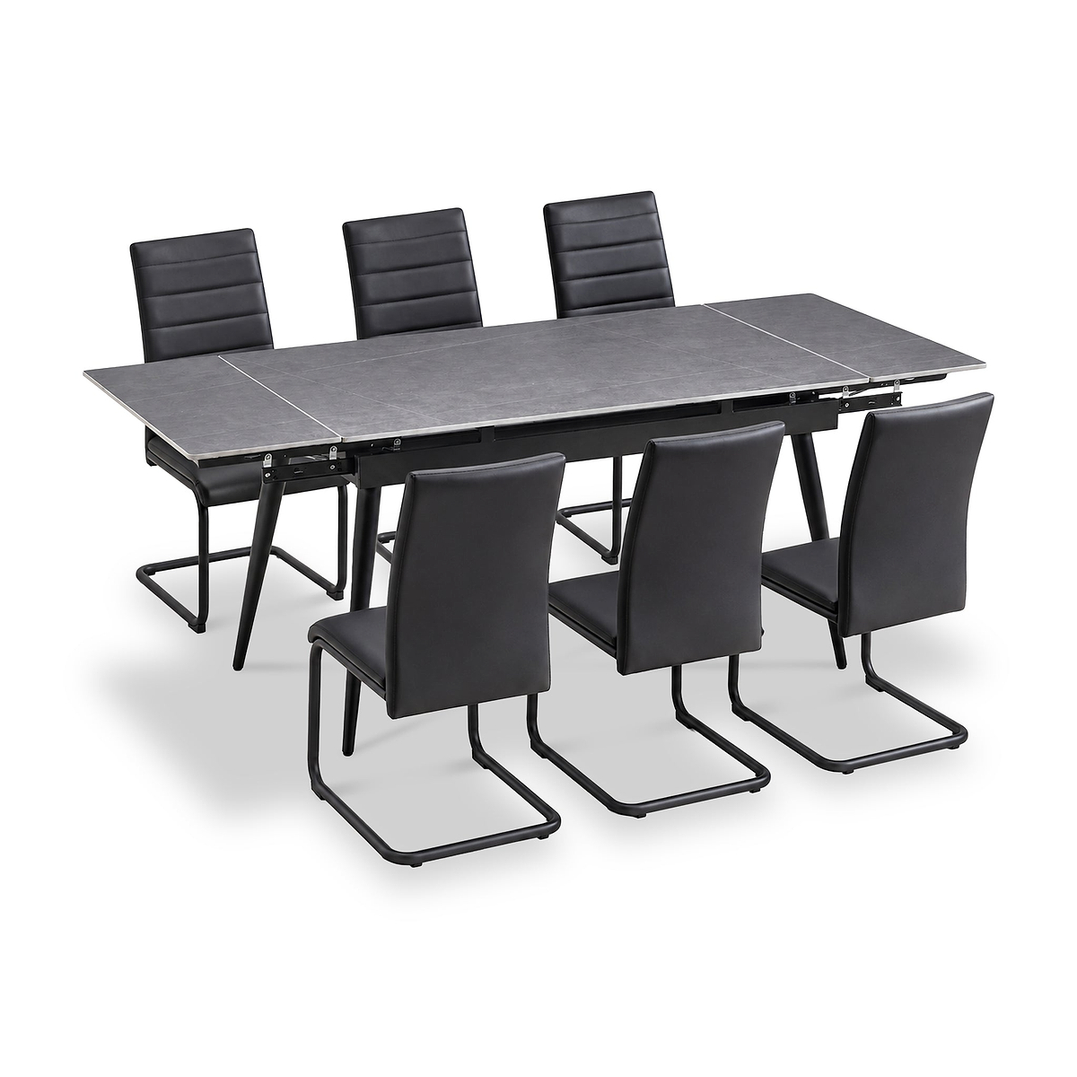 Avaston 120cm-180cm Grey Extending Table with 6 Black Aeron Dining Chairs from Roseland Furniture