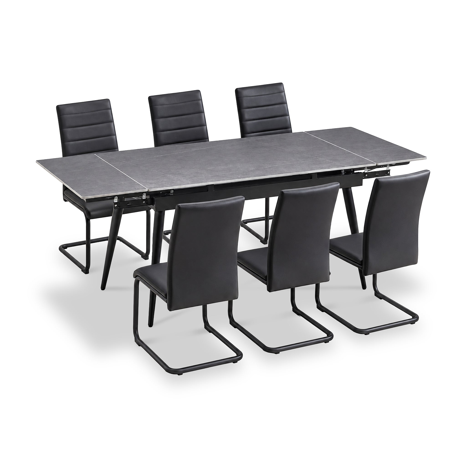 Avaston 120cm-180cm Grey Extending Table with 6 Black Aeron Dining Chairs from Roseland Furniture