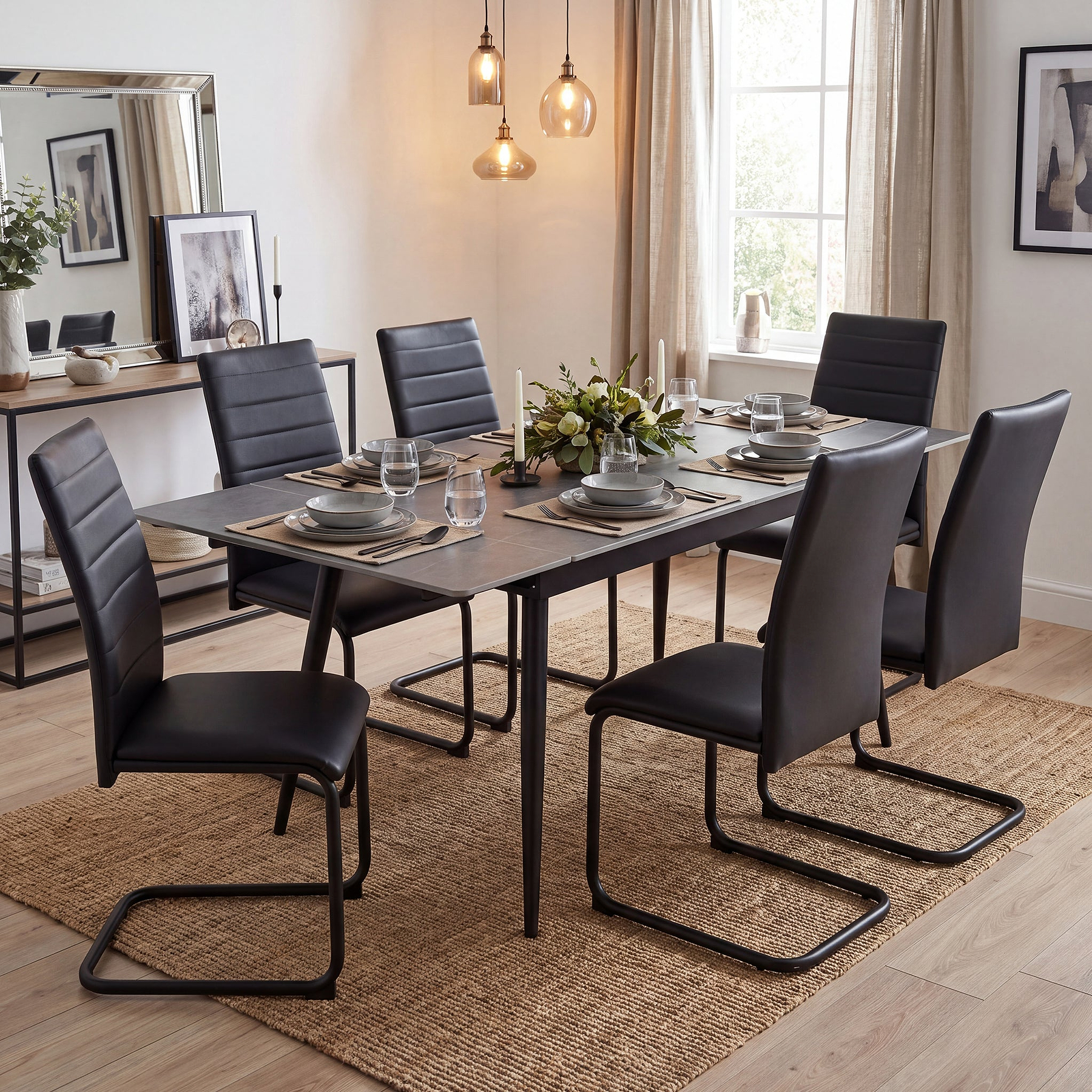 Avaston 120cm-180cm Grey Extending Table with 6 Black Aeron Dining Chairs from Roseland Furniture