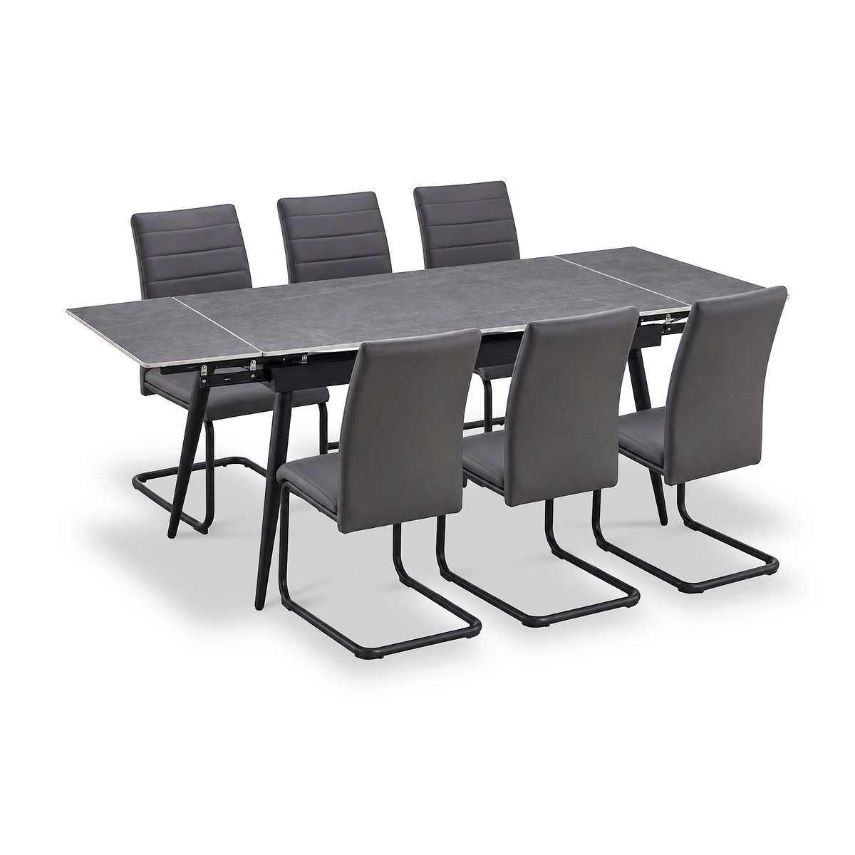 Avaston 120cm-180cm Grey Extending Table with 6 Grey Aeron Dining Chairs from Roseland Furniture