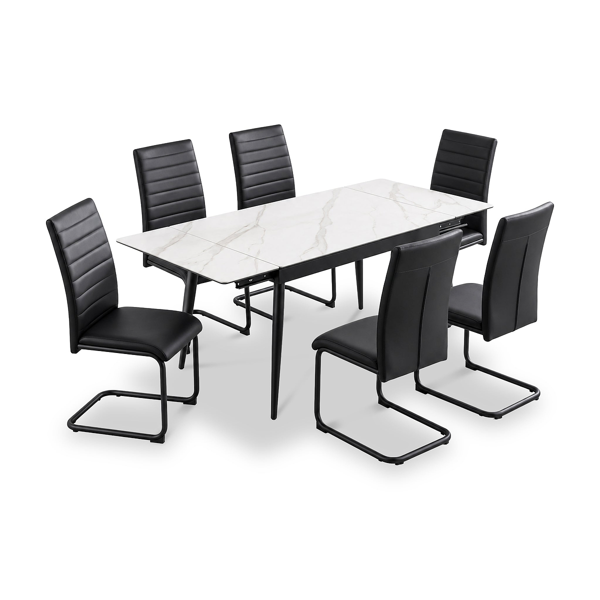 Avaston 120cm-180cm White Extending Table with 6 Black Aeron Dining Chairs from Roseland Furniture
