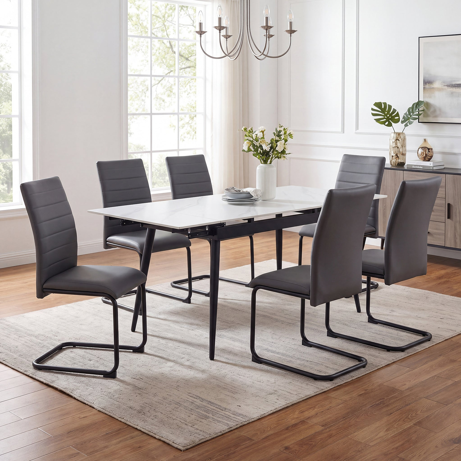 Avaston 120cm-180cm White Extending Table with 6 Grey Aeron Dining Chairs from Roseland Furniture