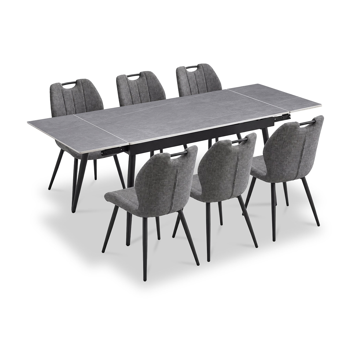 Avaston 120cm 180cm Extending Grey Table with 6 Delvine Dining Chairs from Roseland Furniture