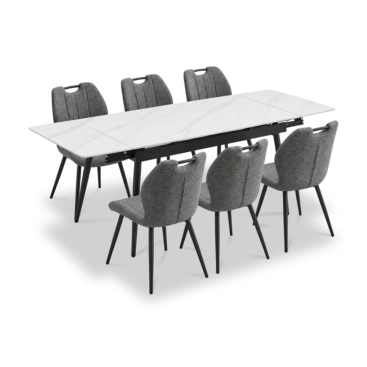 Avaston 120cm 180cm Extending White Table with 6 Delvine Dining Chairs from Roseland Furniture