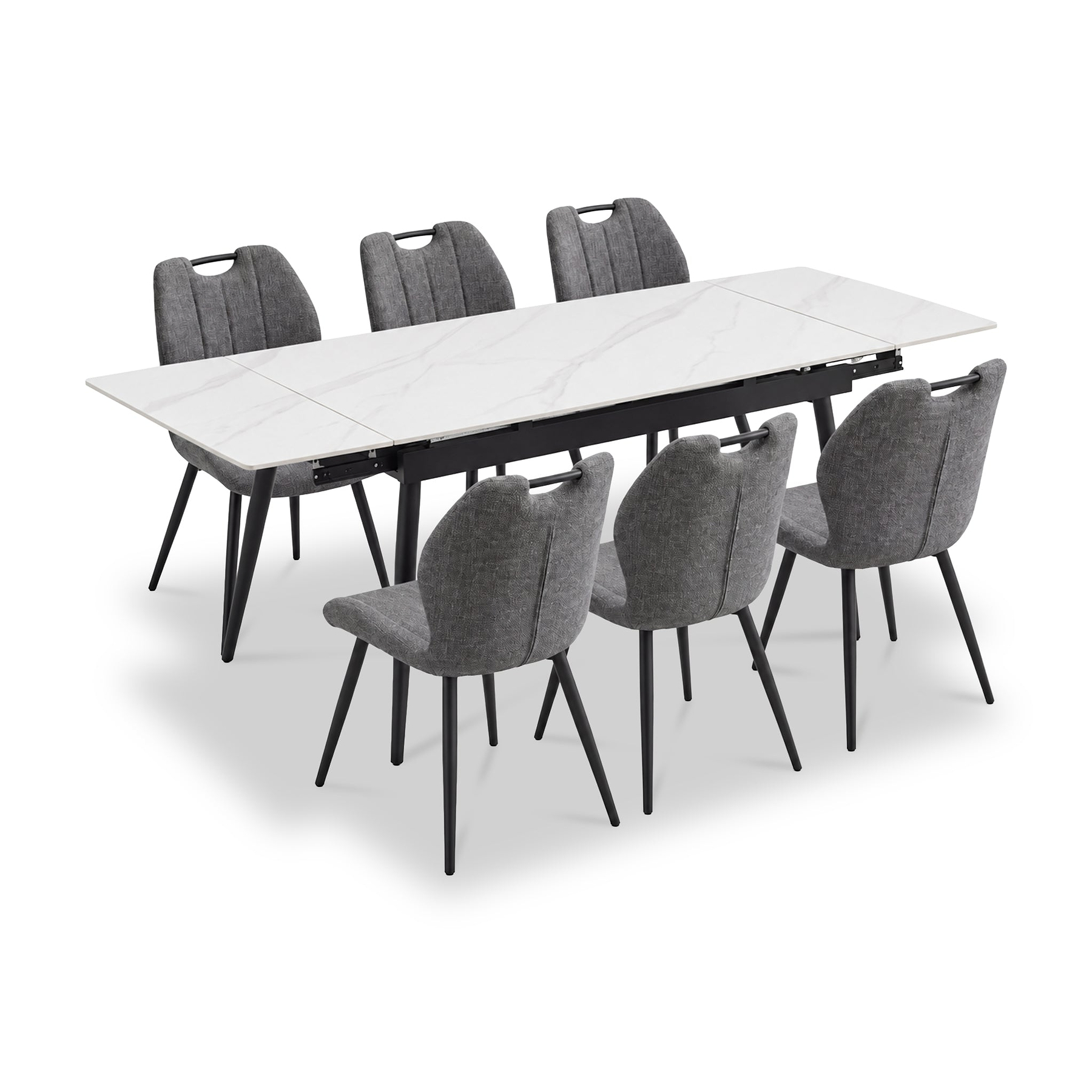 Avaston 120cm 180cm Extending White Table with 6 Delvine Dining Chairs from Roseland Furniture
