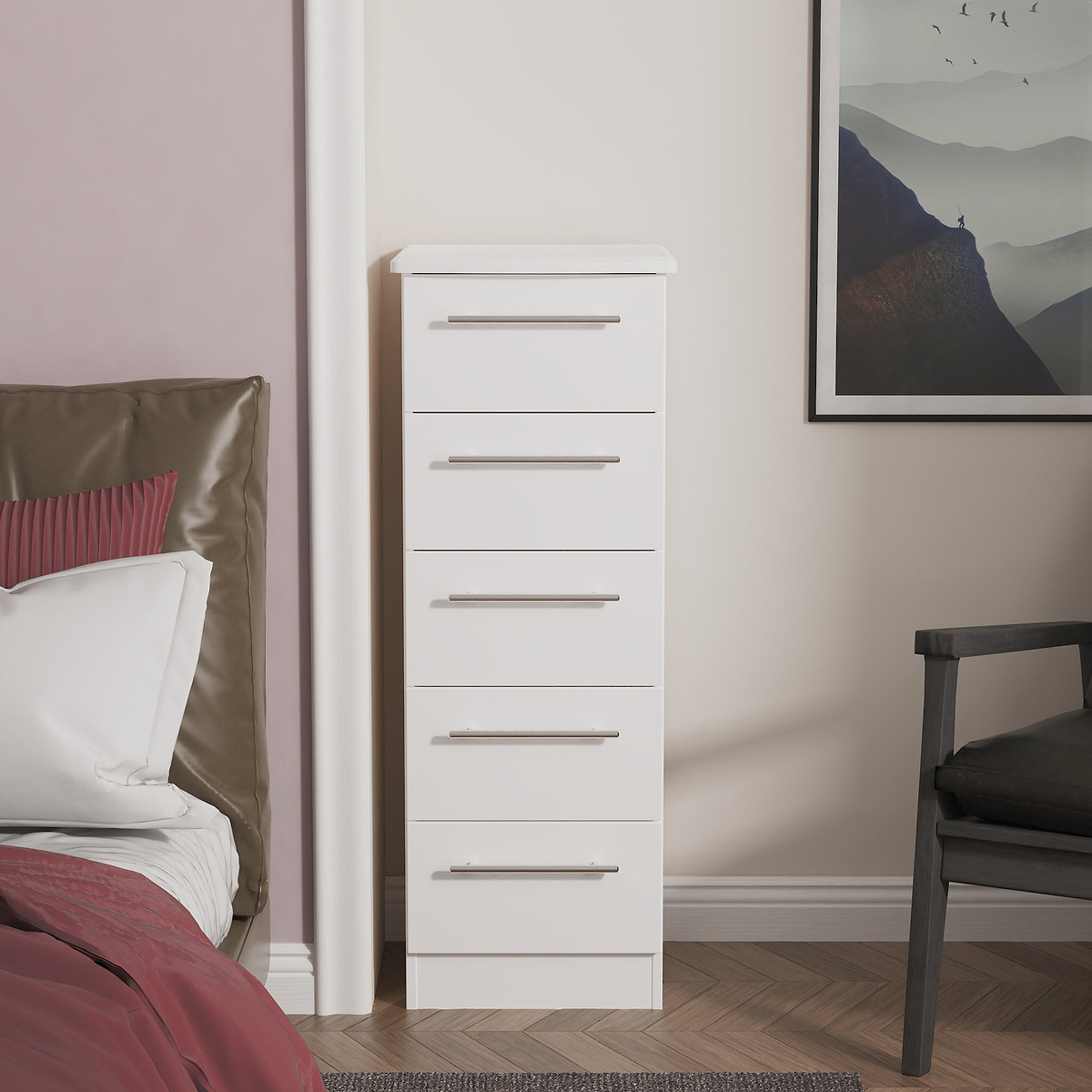 Bramwell 5 Drawer Tallboy White from Roseland Furniture