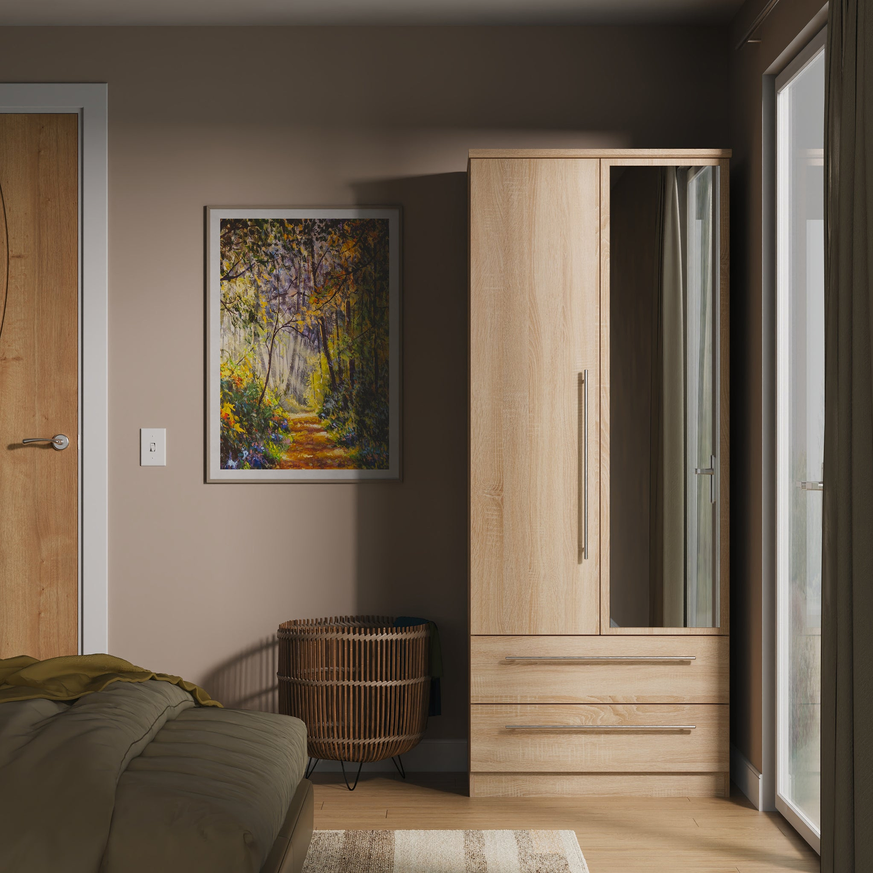 Bramwell Double Mirrored Wardrobe w Drawers Oak from Roseland Furniture