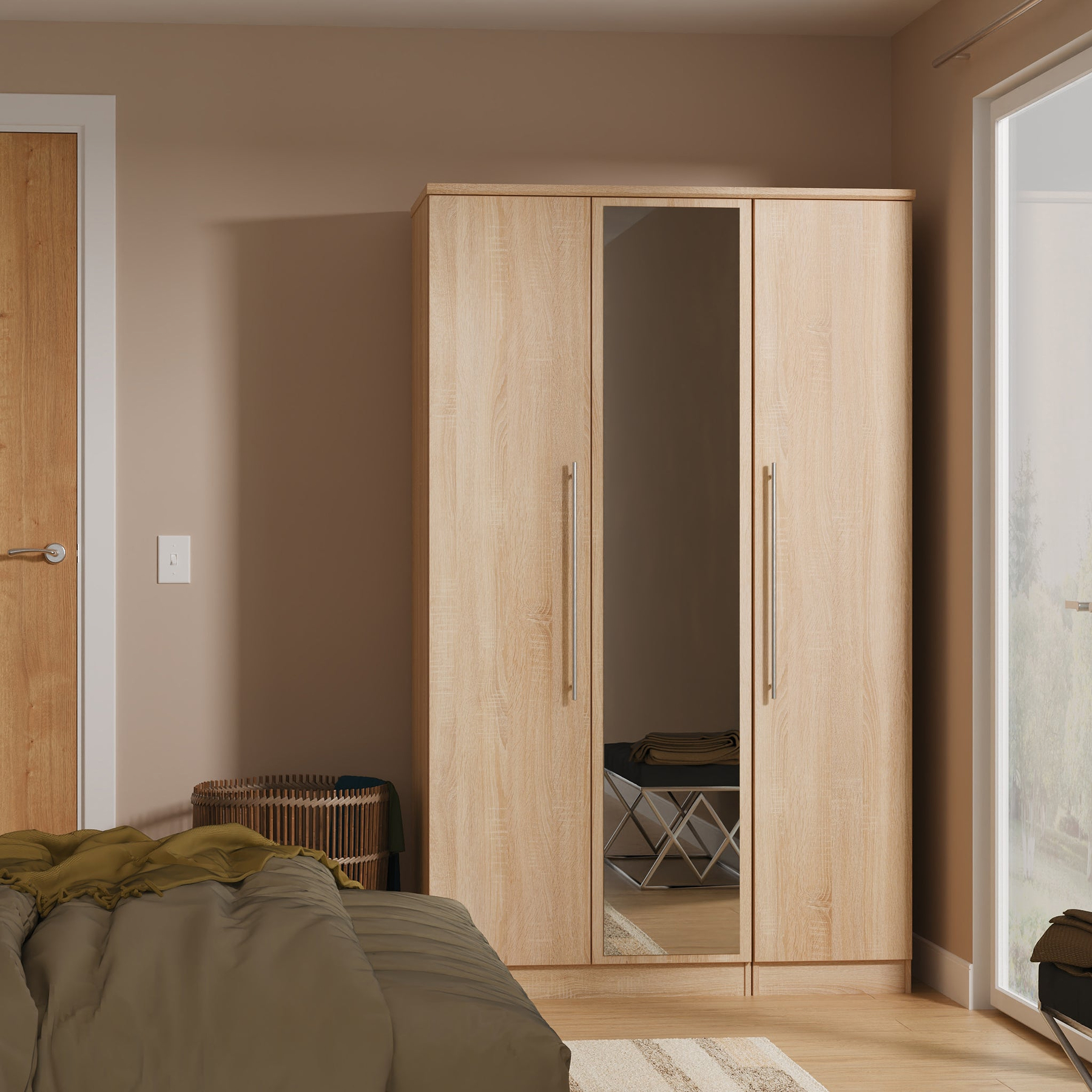 Bramwell Triple Mirrored Wardrobe Oak from Roseland Furniture