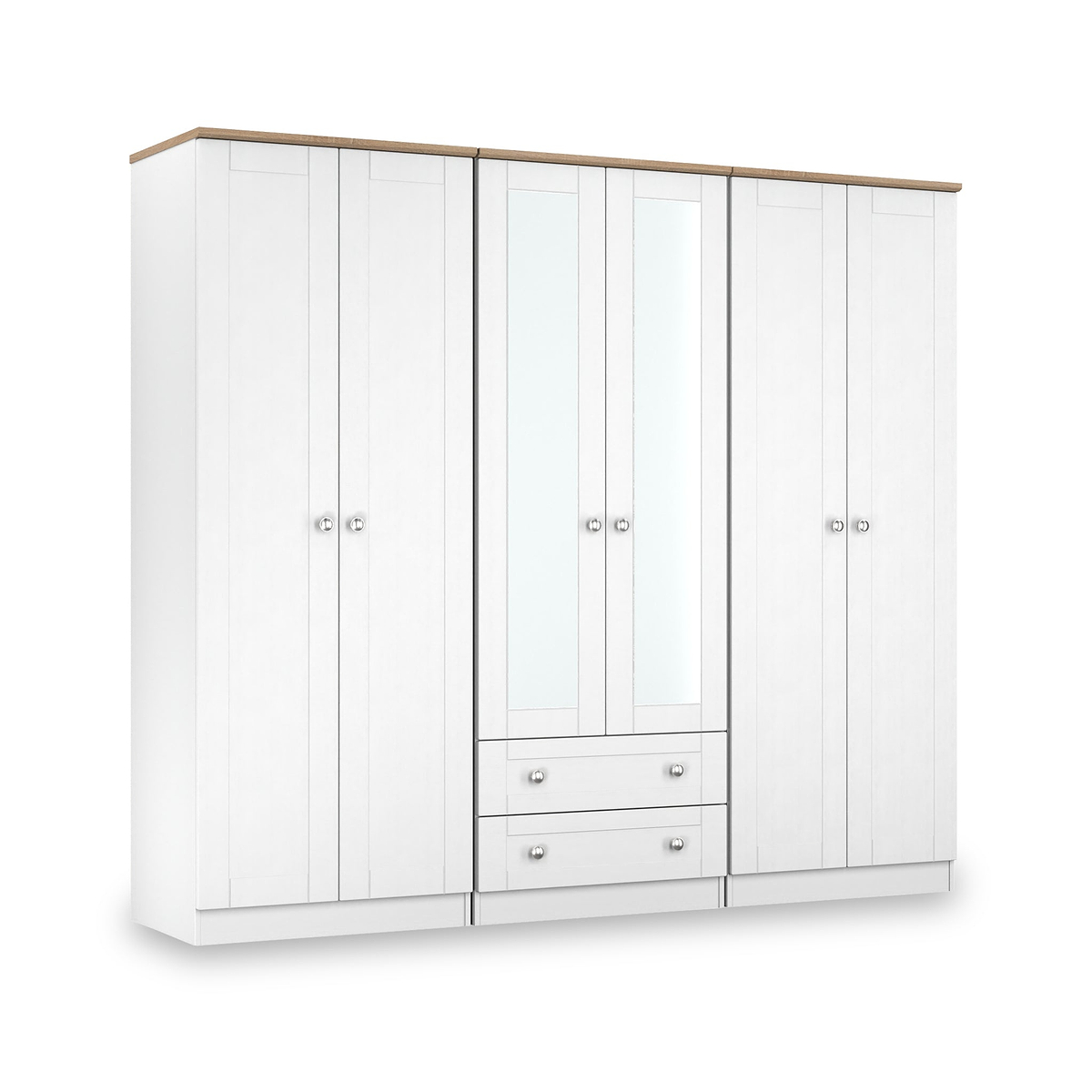 Marlowe 6 Door Mirrored Wardrobe With Drawers White Oak from Roseland Furniture