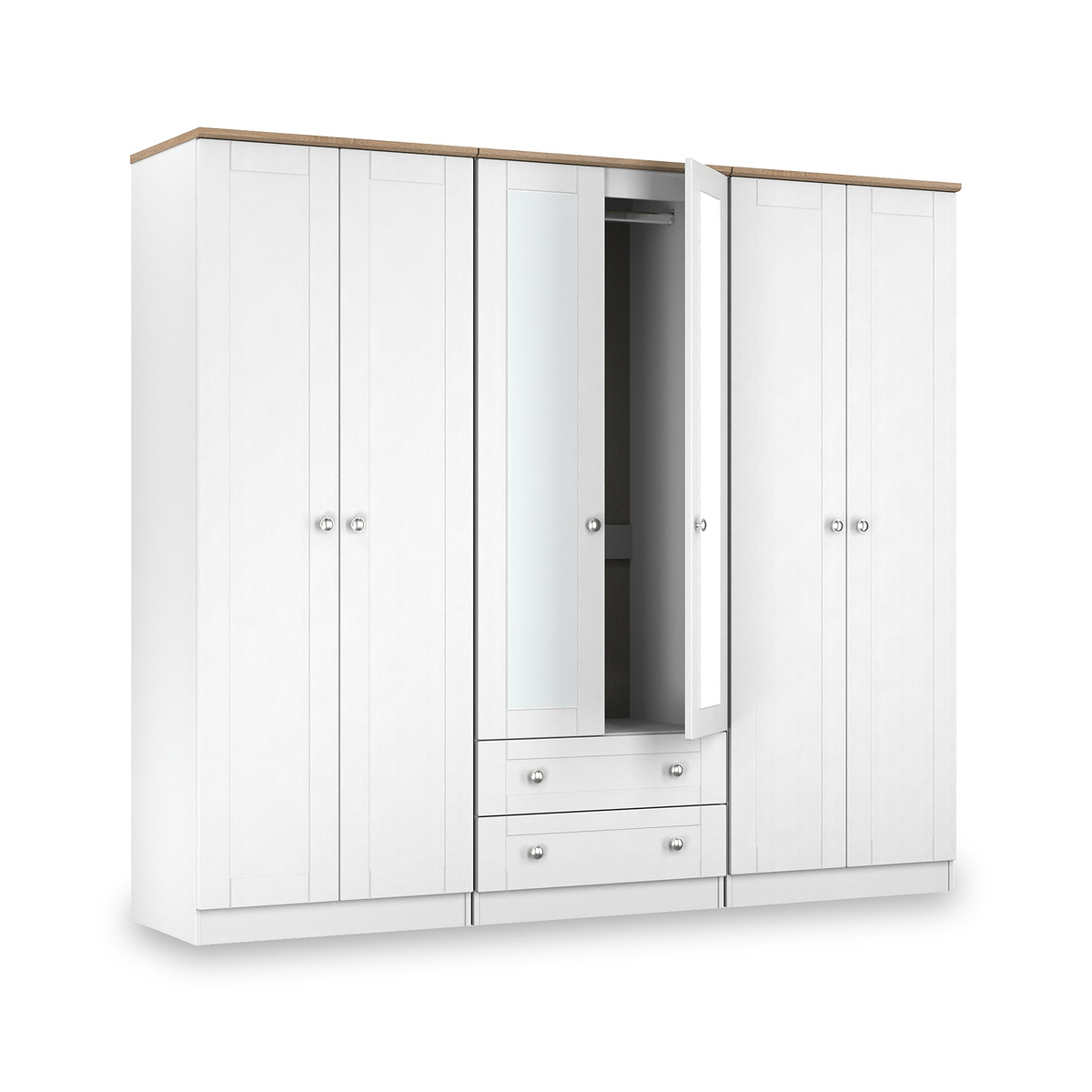 Marlowe 6 Door Mirrored Wardrobe With Drawers White Oak from Roseland Furniture