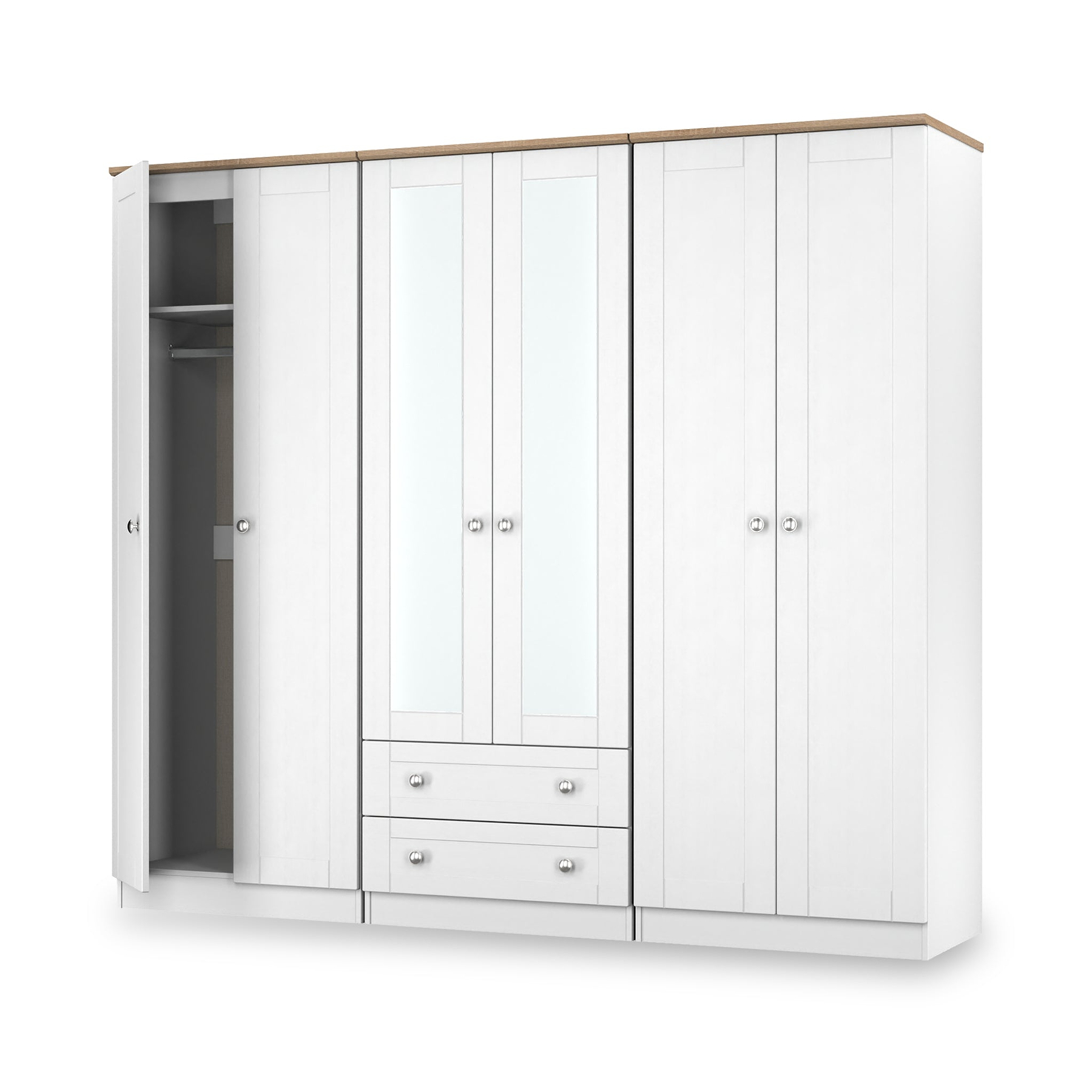 Marlowe 6 Door Mirrored Wardrobe With Drawers White Oak from Roseland Furniture