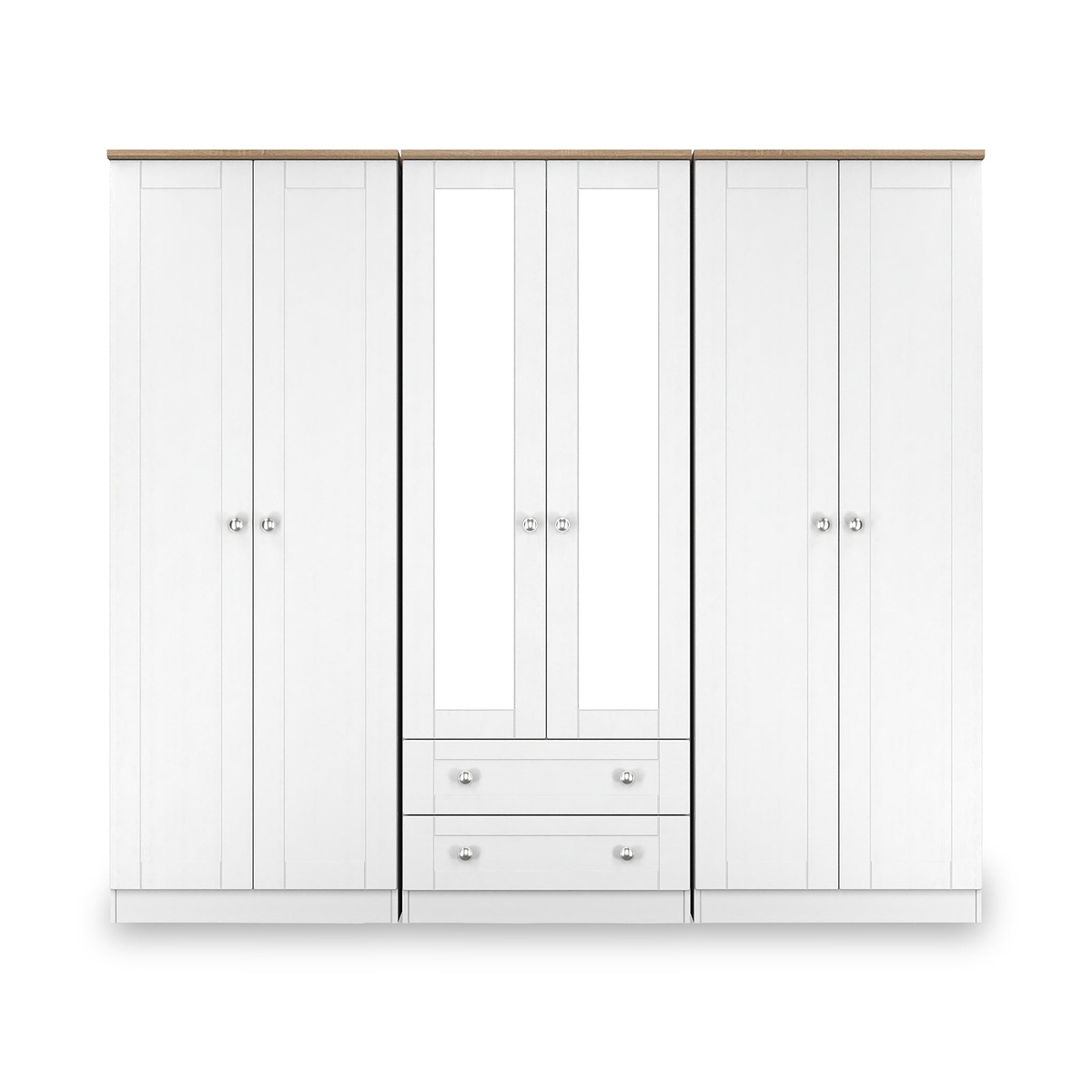 Marlowe 6 Door Mirrored Wardrobe With Drawers White Oak from Roseland Furniture