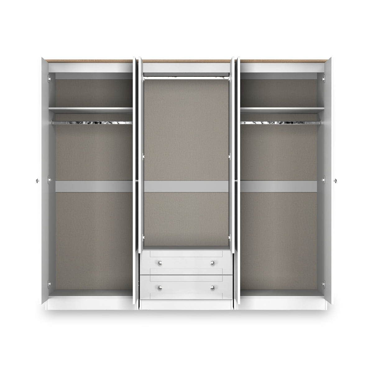 Marlowe 6 Door Mirrored Wardrobe With Drawers White Oak from Roseland Furniture