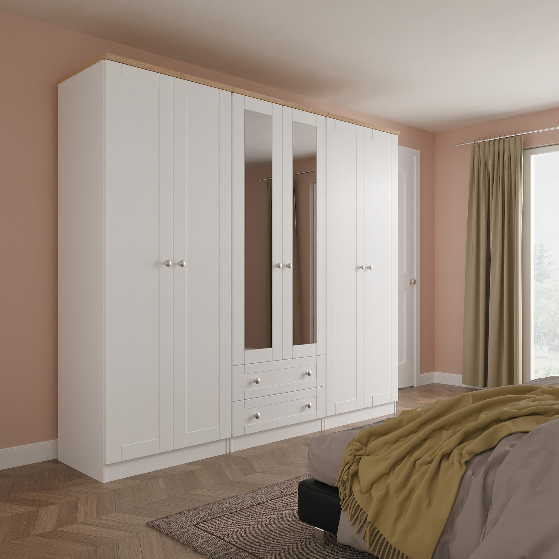 Marlowe 6 Door Mirrored Wardrobe With Drawers White Oak from Roseland Furniture