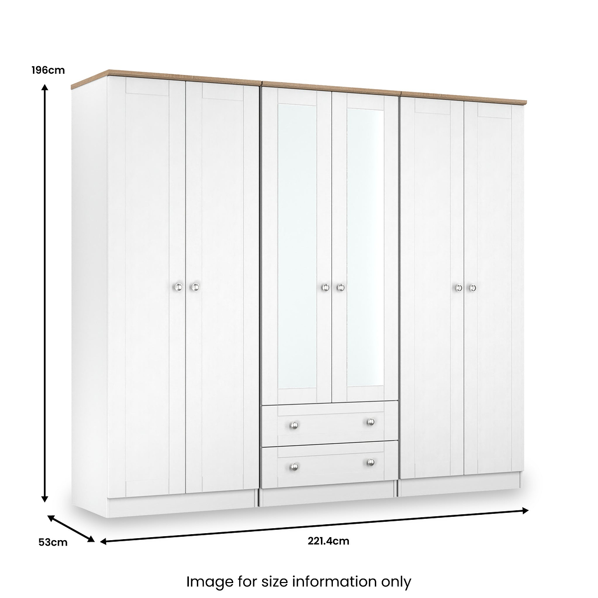 Marlowe 6 Door Mirrored Wardrobe With Drawers White Oak from Roseland Furniture