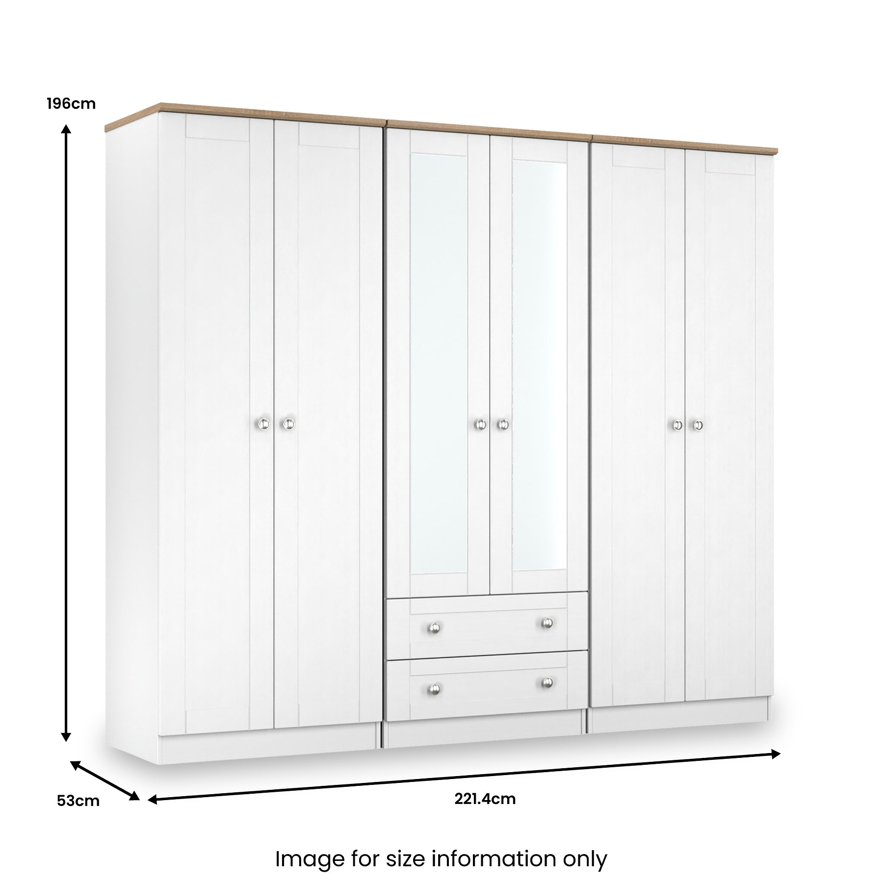Marlowe 6 Door Mirrored Wardrobe With Drawers White Oak from Roseland Furniture