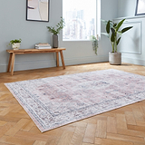 A patterned rug rests on a herringbone wood floor in a room with light blue walls, modern furniture, and a city view through a window.