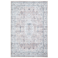 A rectangular, ornate rug with a faded beige and blue pattern, symmetrical designs and borders, displayed against a white background.