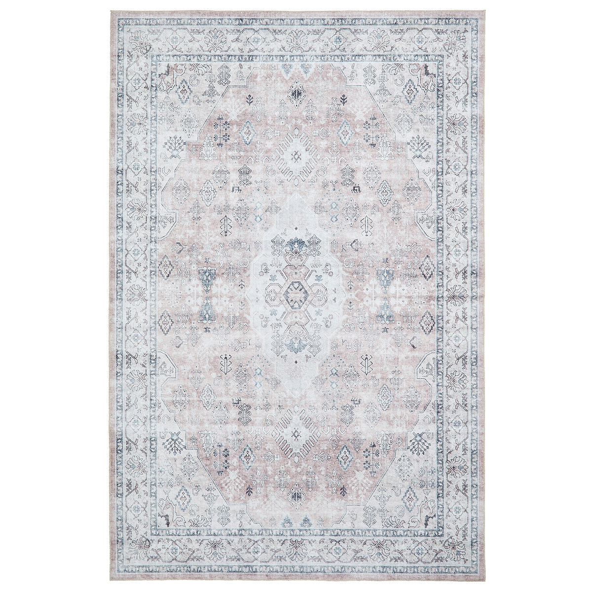 A rectangular, ornate rug with a faded beige and blue pattern, symmetrical designs and borders, displayed against a white background.