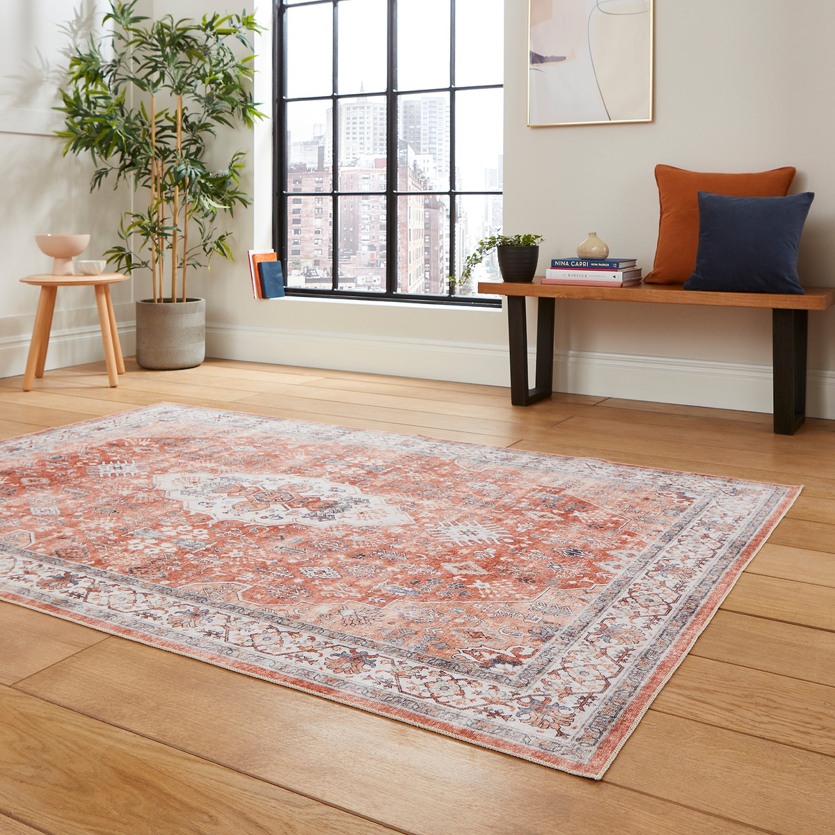 Lincoln Terracotta Distressed Medallion Rug  for bedroom