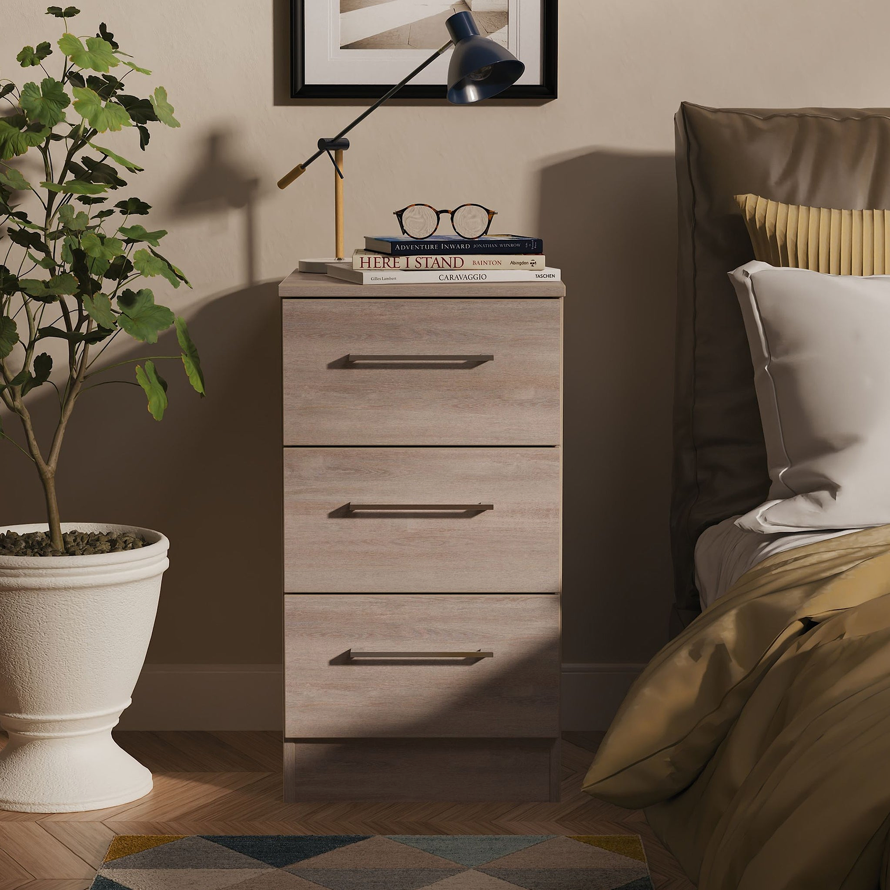 Ellington 3 Drawer Bedside Grey Oak from Roseland Furniture