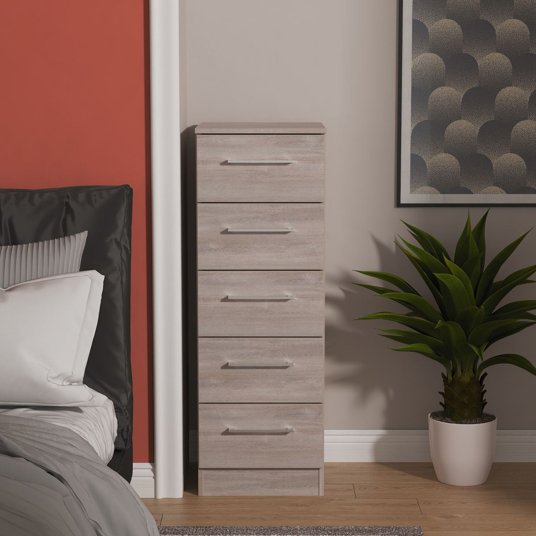 Ellington 5 Drawer Tallboy Grey Oak from Roseland Furniture