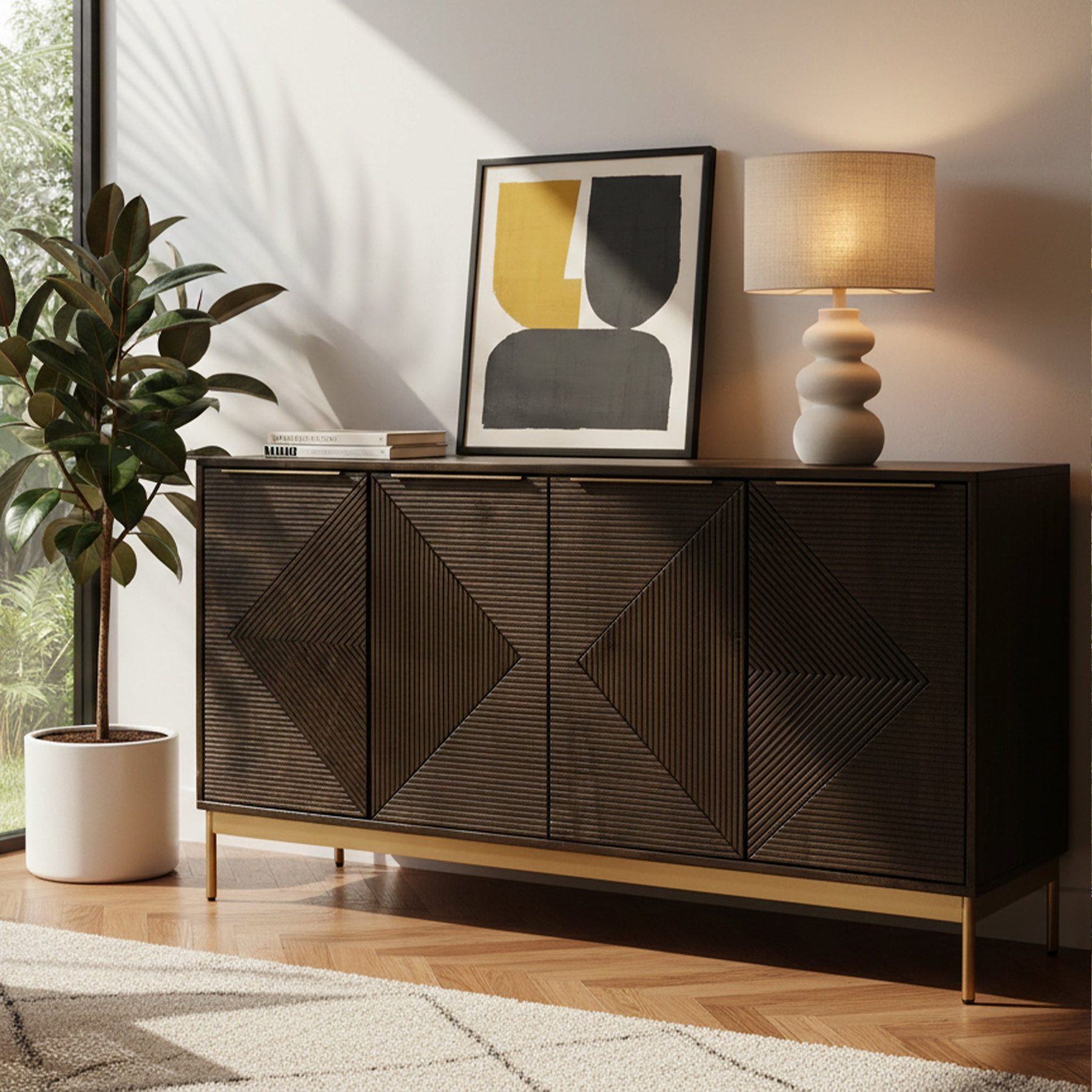 Beau Grooved Mango Wood Brown 4 Door Sideboard from Roseland Furniture