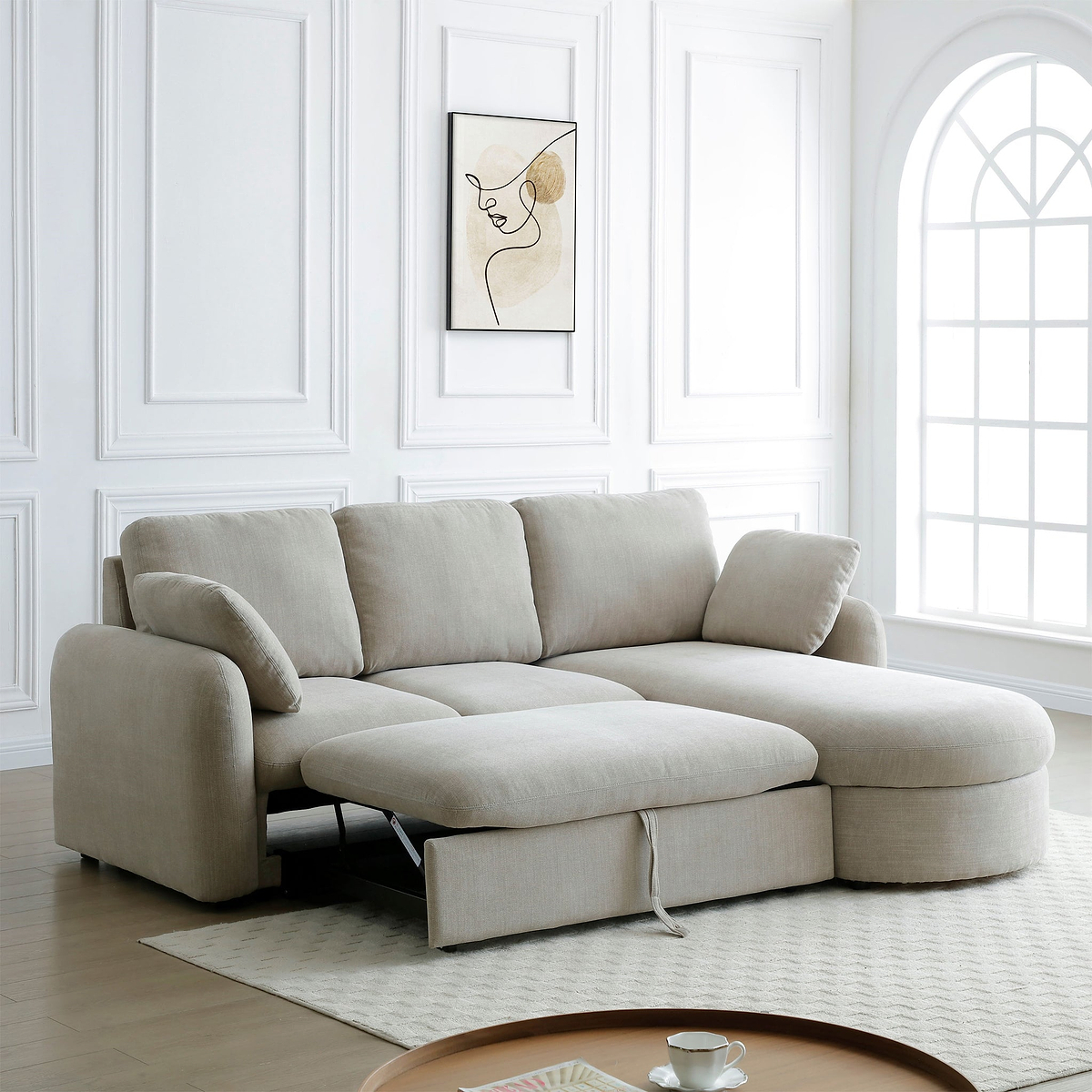 Belvere Curved Corner 3 Seater Sofa Bed Taupe from Roseland Furniture