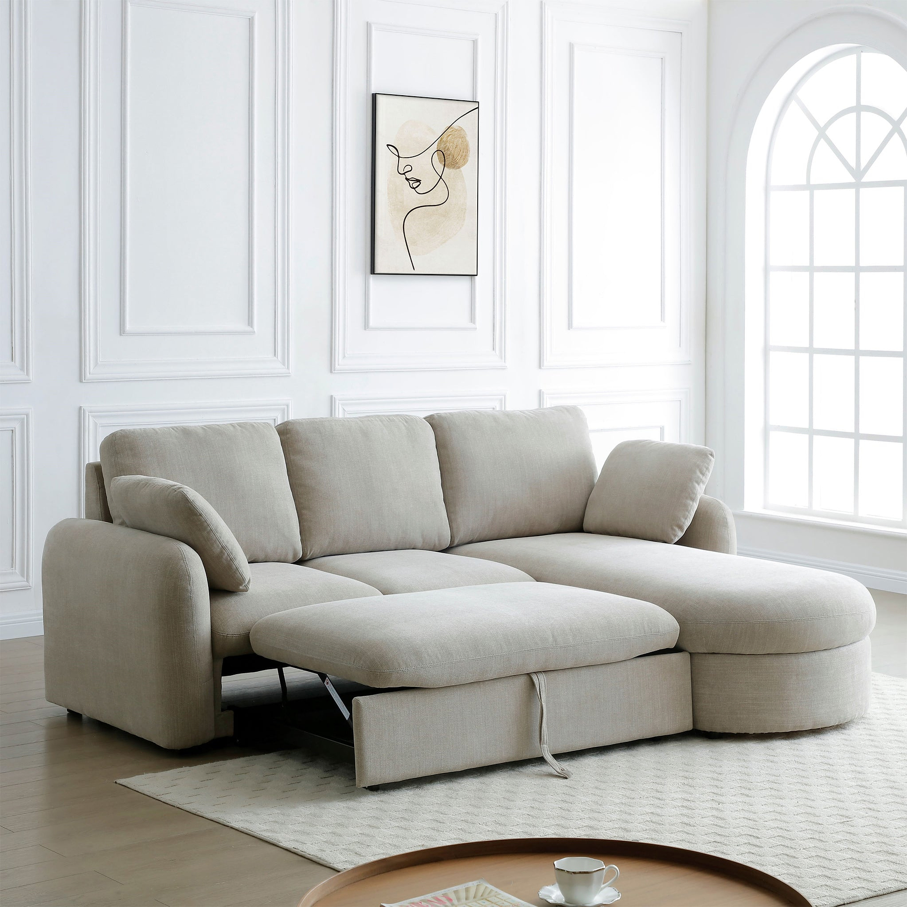 Belvere Curved Corner 3 Seater Sofa Bed Taupe from Roseland Furniture