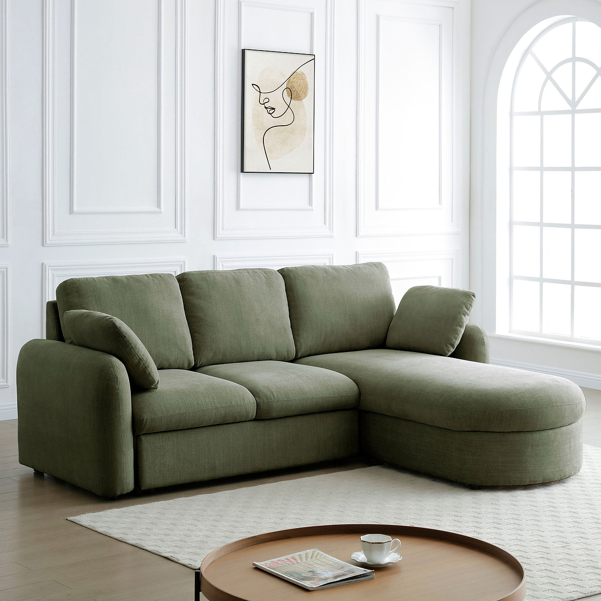 Belvere Curved Corner 3 Seater Sofa Bed Olive from Roseland Furniture