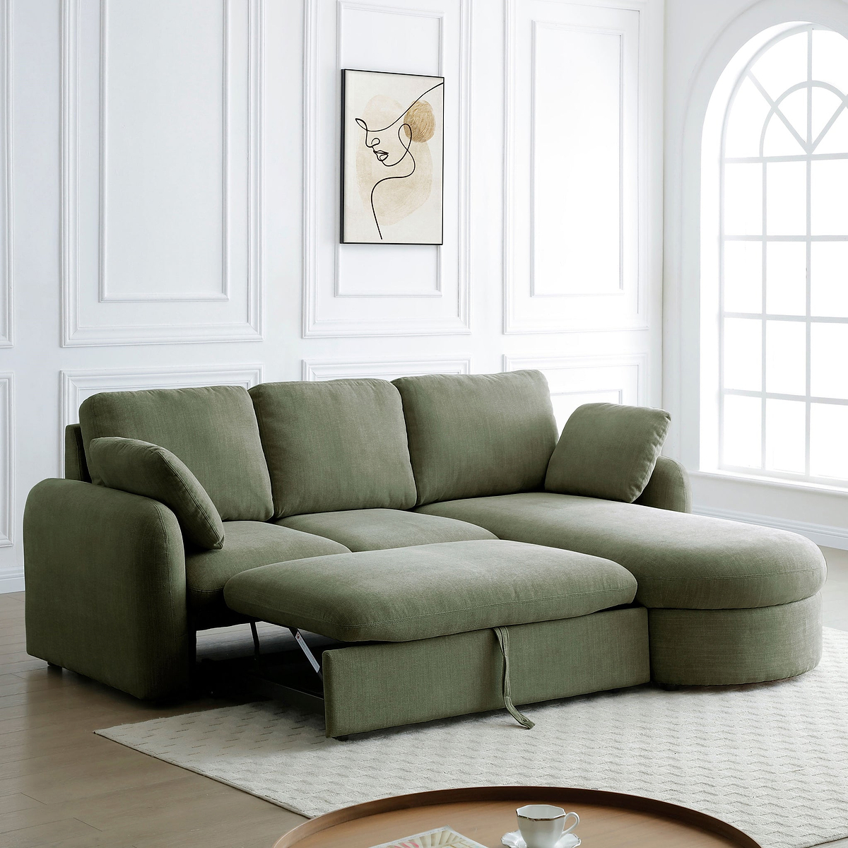 Belvere Curved Corner 3 Seater Sofa Bed Olive from Roseland Furniture