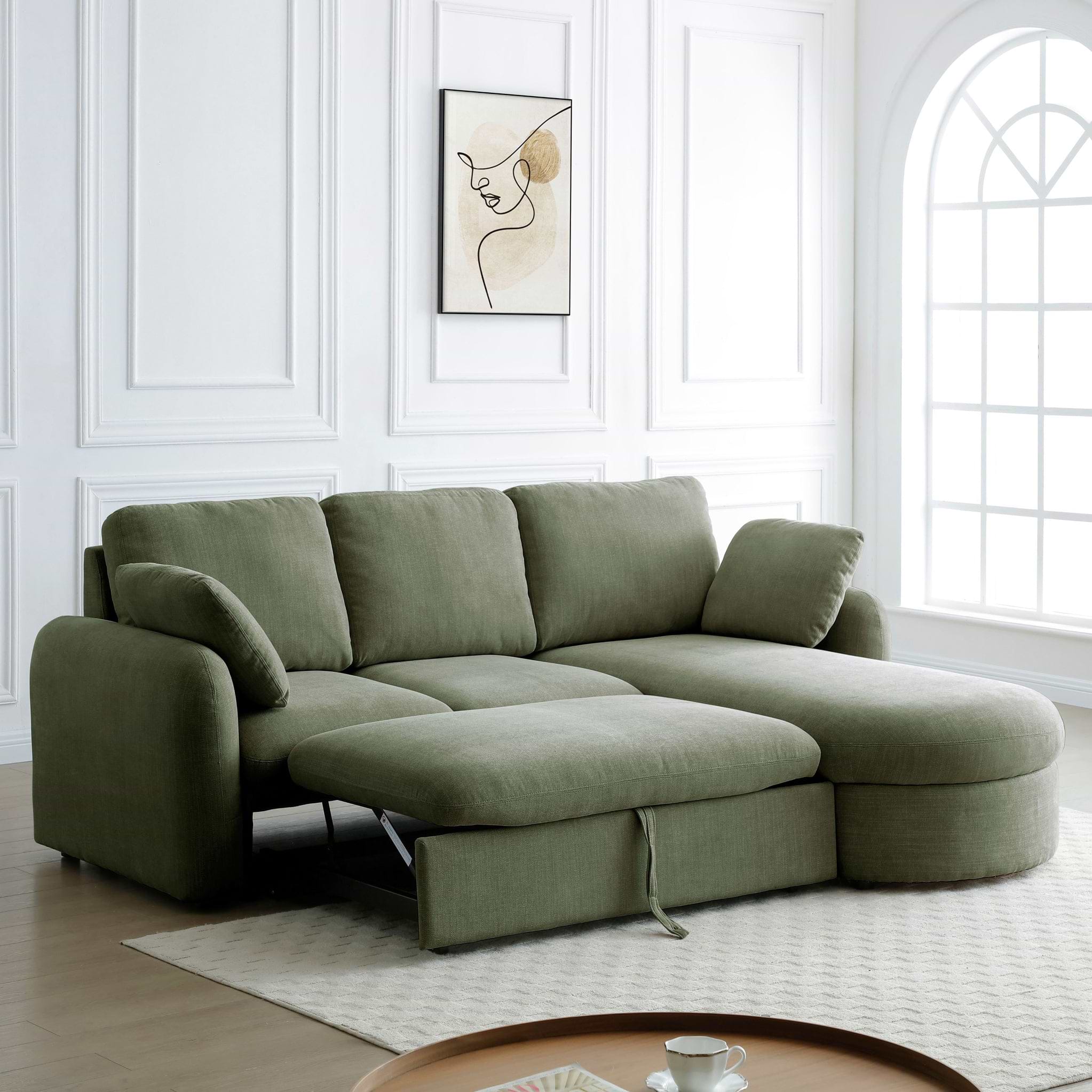 Belvere Curved Corner 3 Seater Sofa Bed Olive from Roseland Furniture