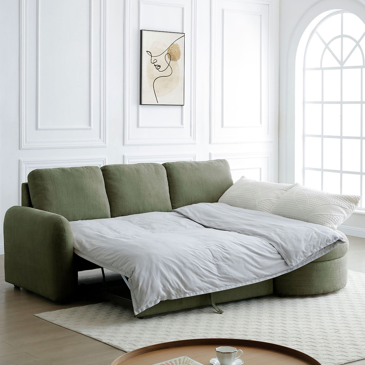 Belvere Curved Corner 3 Seater Sofa Bed Olive from Roseland Furniture