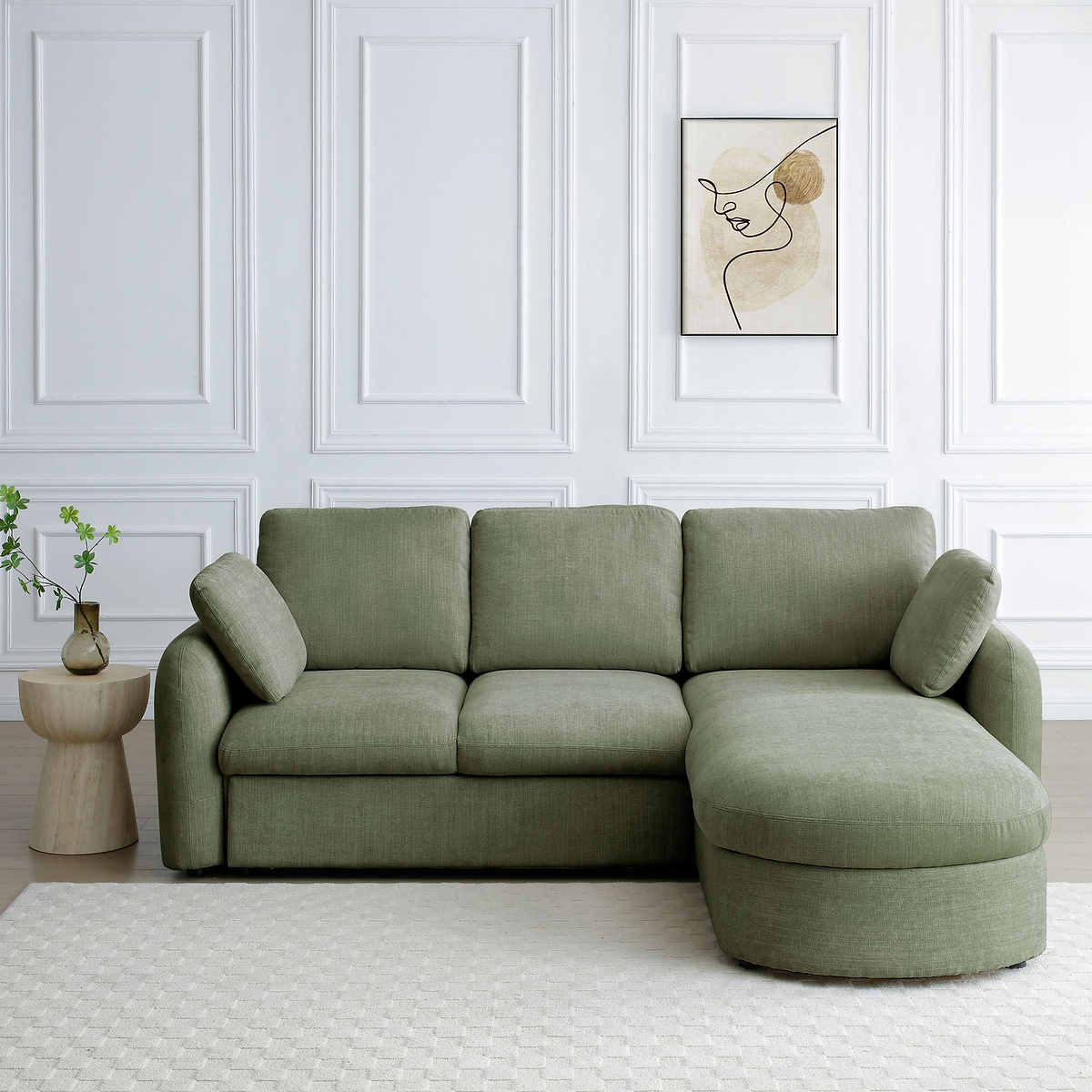 Belvere Curved Corner 3 Seater Sofa Bed Olive from Roseland Furniture