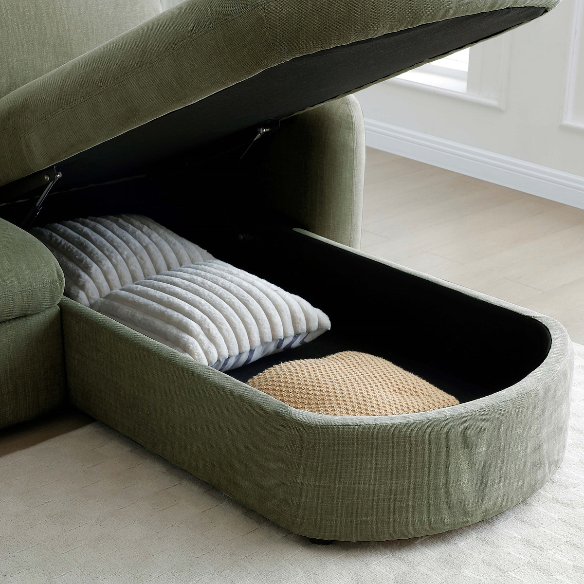 Belvere Curved Corner 3 Seater Sofa Bed Olive from Roseland Furniture