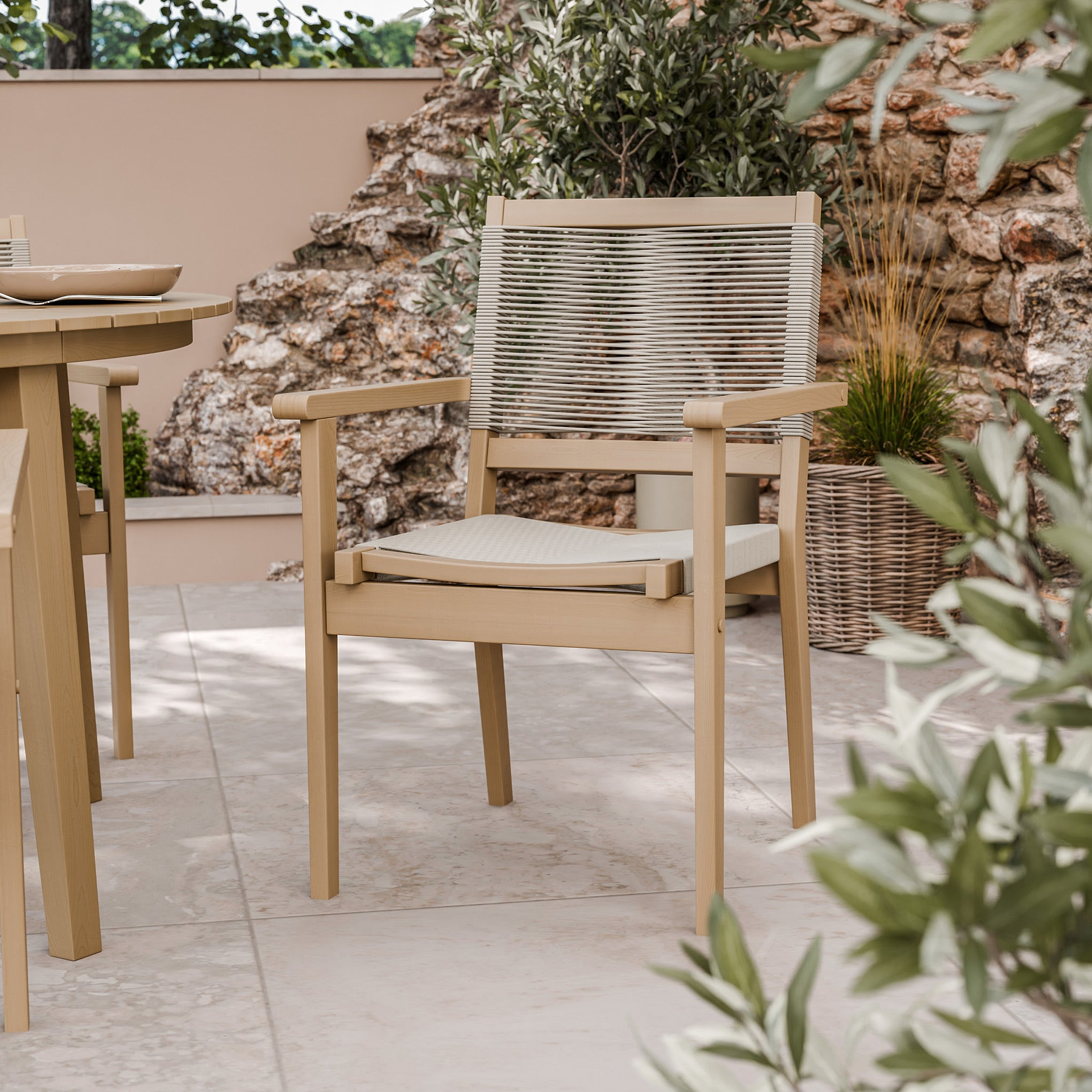 Roma 120cm Round Table 4 Roma Rope Stacking Chairs Concrete Insert from Roseland Furniture