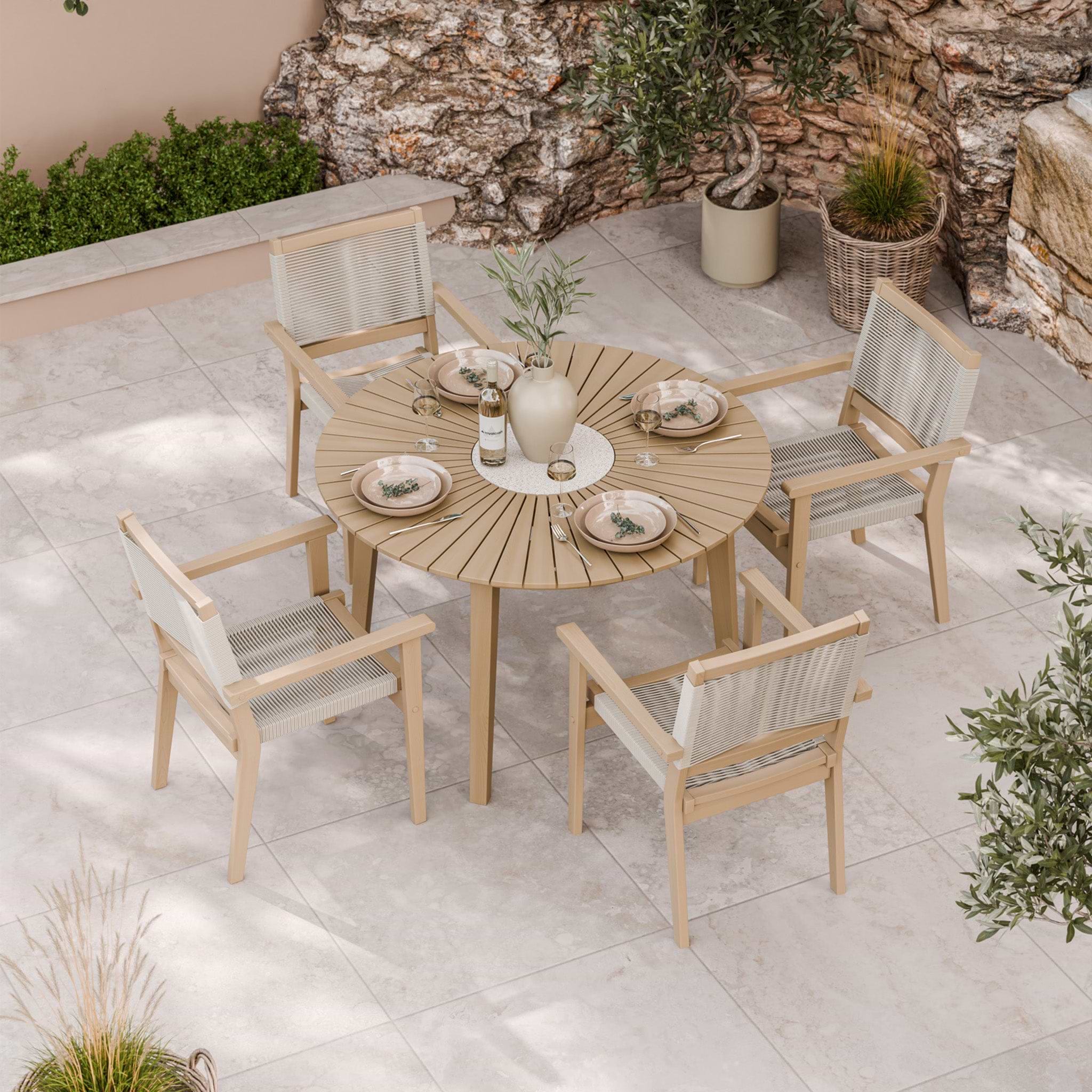 Roma FSC 4 Seater Round Sunray with Concrete Insert Dining Set with Roma Rope Stacking Chairs