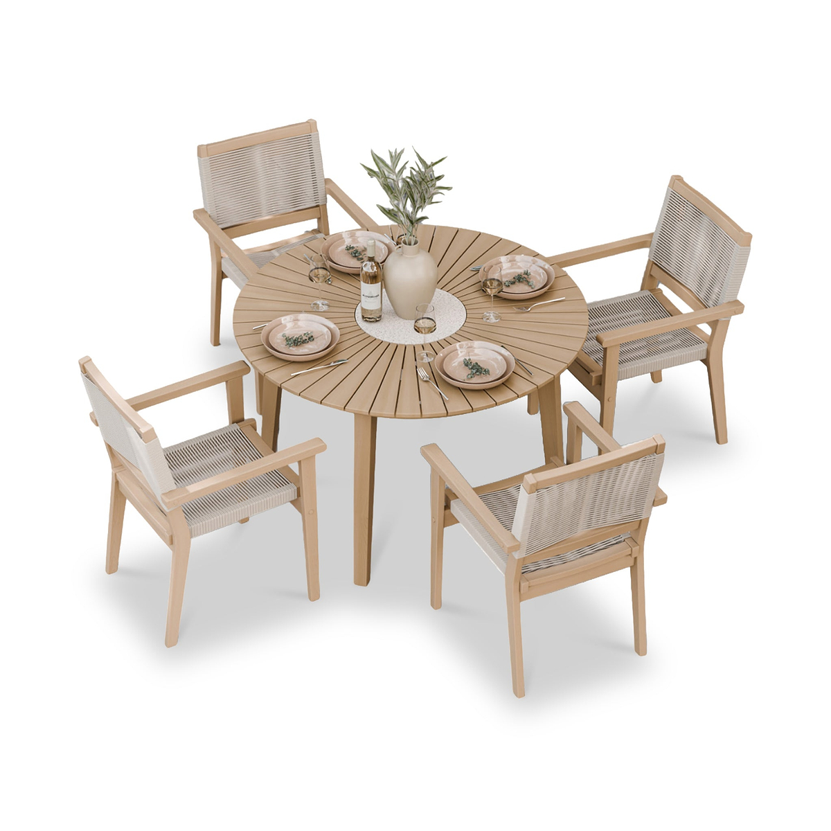 Roma FSC 4 Seater Round Sunray with Concrete Insert Dining Set with Roma Rope Stacking Chairs