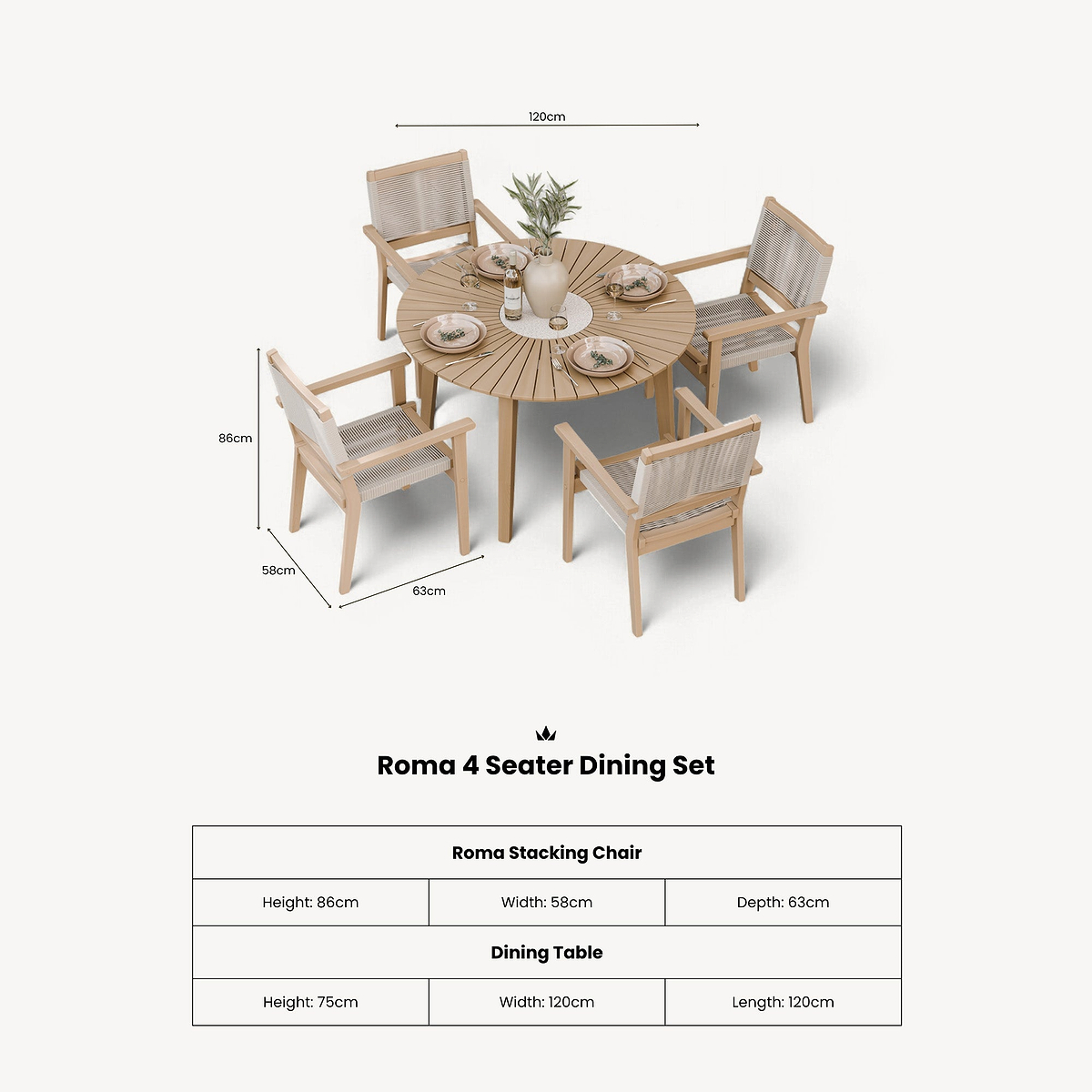 Roma 120cm Round Table 4 Roma Rope Stacking Chairs dimensions