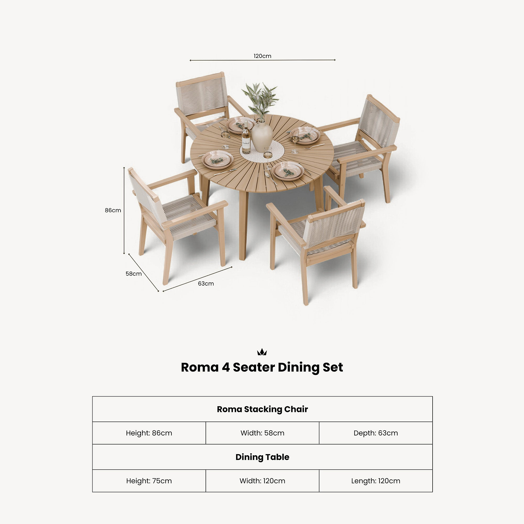 Roma 120cm Round Table 4 Roma Rope Stacking Chairs dimensions