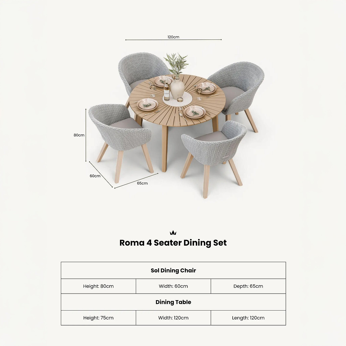 Roma FSC 4 Seater Round Sunray with Concrete Insert Dining Set with Sol Dining Chairs dimensions