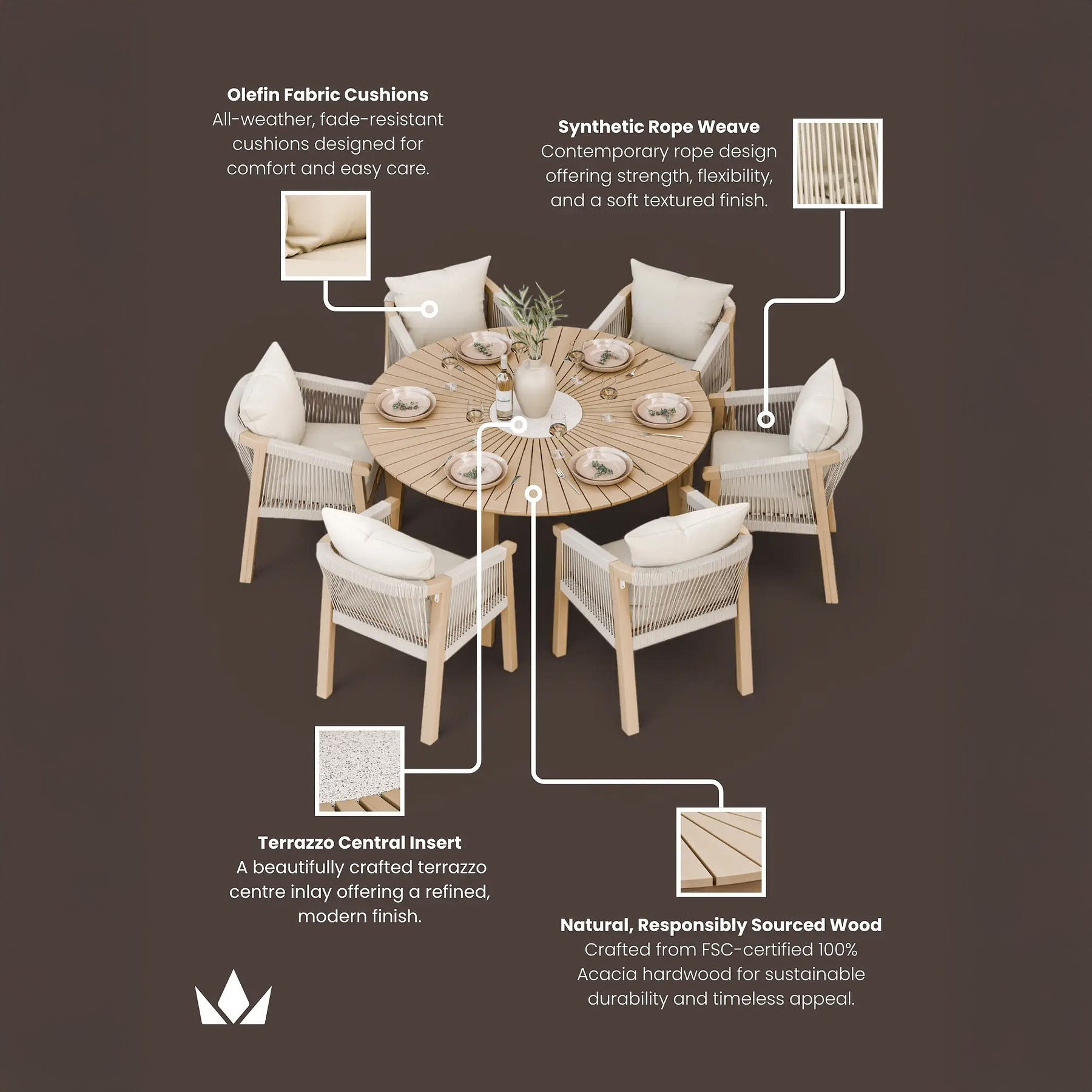 Roma FSC 6 Seater Round Sunray with Concrete Insert Dining Set with Roma Dining Chairs