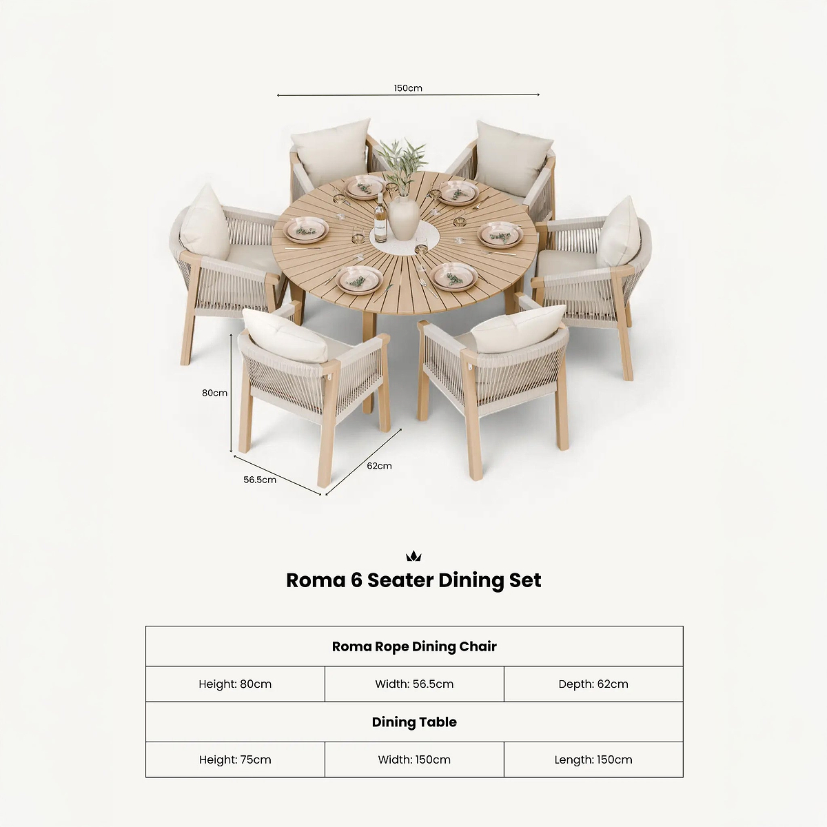 Roma FSC 6 Seater Round Sunray with Concrete Insert Dining Set with Roma Dining Chairs dimensions