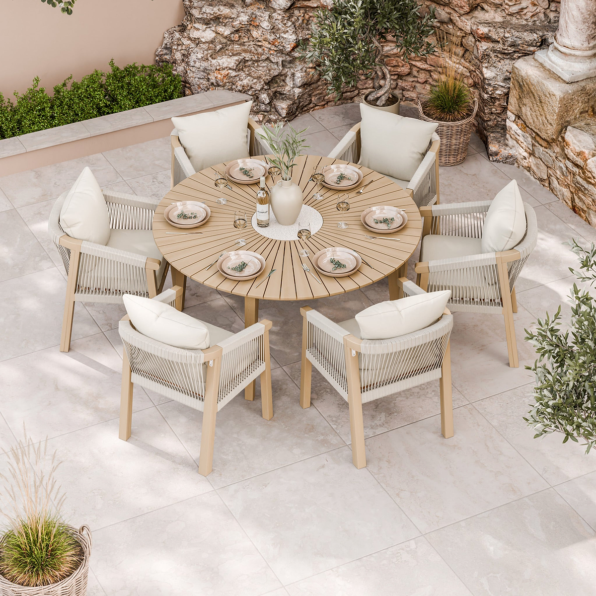 FSC 1 Roma 150cm Round Table w 6 Roma Dining Chairs Concrete Insert from Roseland Furniture