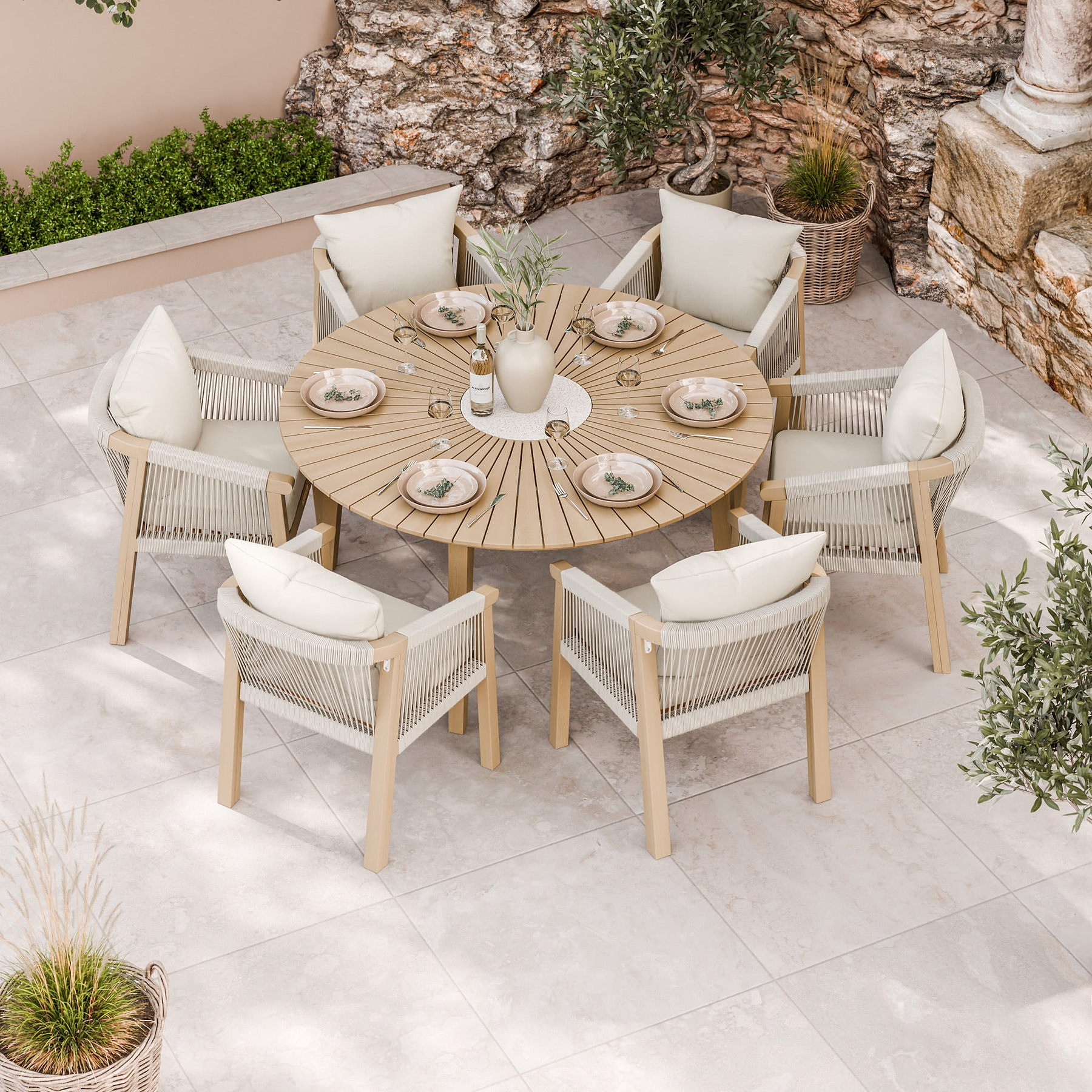FSC 1 Roma 150cm Round Table w 6 Roma Dining Chairs Concrete Insert from Roseland Furniture